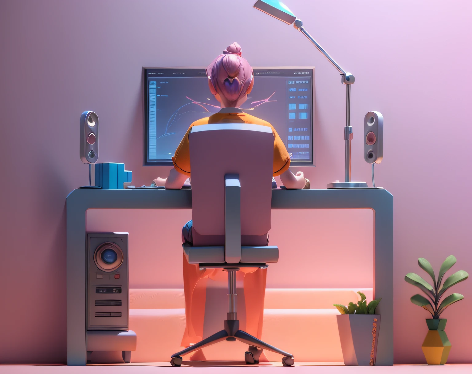 "(Isometric perspective:1.5),(pixar-style:1.2),There is a bed in the bedroom,sofe,table light,Study desk,janelas,Wall paintings,3 d modelling,pink back ground,Global illumination,Ray traching,hdr,rendering,unreal render,best qualtiy,8K,"
