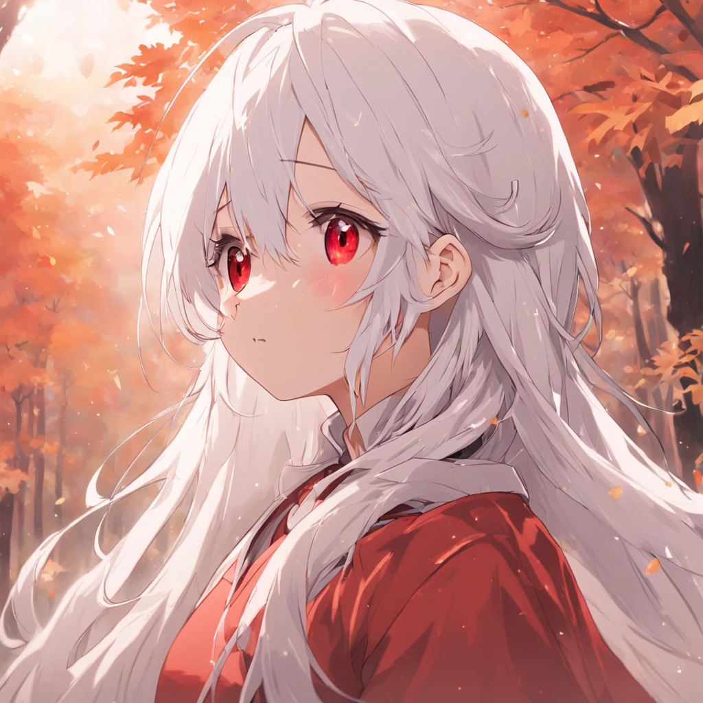 shiny white hair、Neutral face、Red eyes、Rich in color、Beautie、Wearing white clothes、well-styled、小柄、Super beautiful、high-level image quality、4K、8K、Round ears like tanuki are visible、In the wilderness、autumnal、Colored leaves、two people、