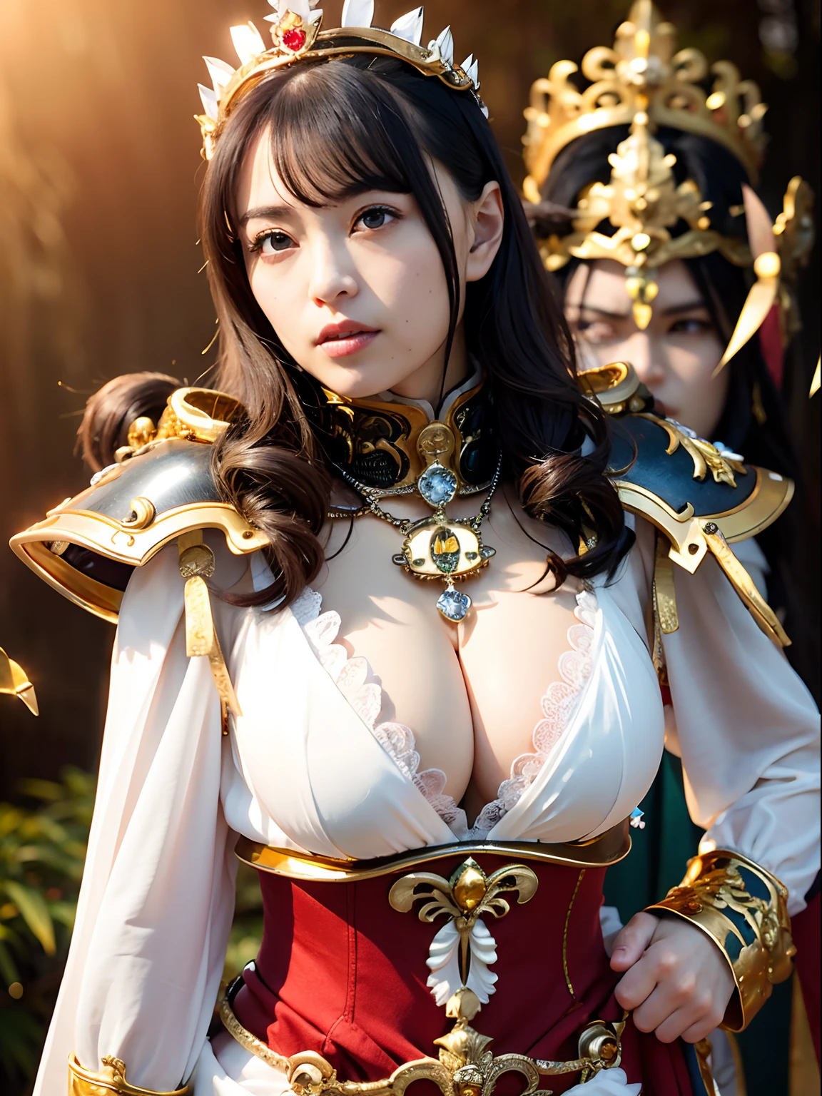 (masutepiece), Professional , masterpiece、top-quality、photos realistic , depth of fields (Gemstone Silver Metal Body:1.9),(Matte White、Jewel Gold Weapon(Jewel Metal Body:1.4),Gorgeous metal weapons , Detailed Sword of the Brave , Beautiful knife ,warhammer 40k , adepta sororitas,Detail and ornate jewel crown、Black hair、Gangle's forest background、Beautiful Caucasian beauty、1a person、dynamic ungle,(((Detailed and ornate diamond crown)))、Smaller head、A smile、Background inside the castle、Thin and beautiful female hands、cleavage of the breast、Soldier in iron armor on background、Soldier in iron armor on background、Mystical expression、Light Effects、
