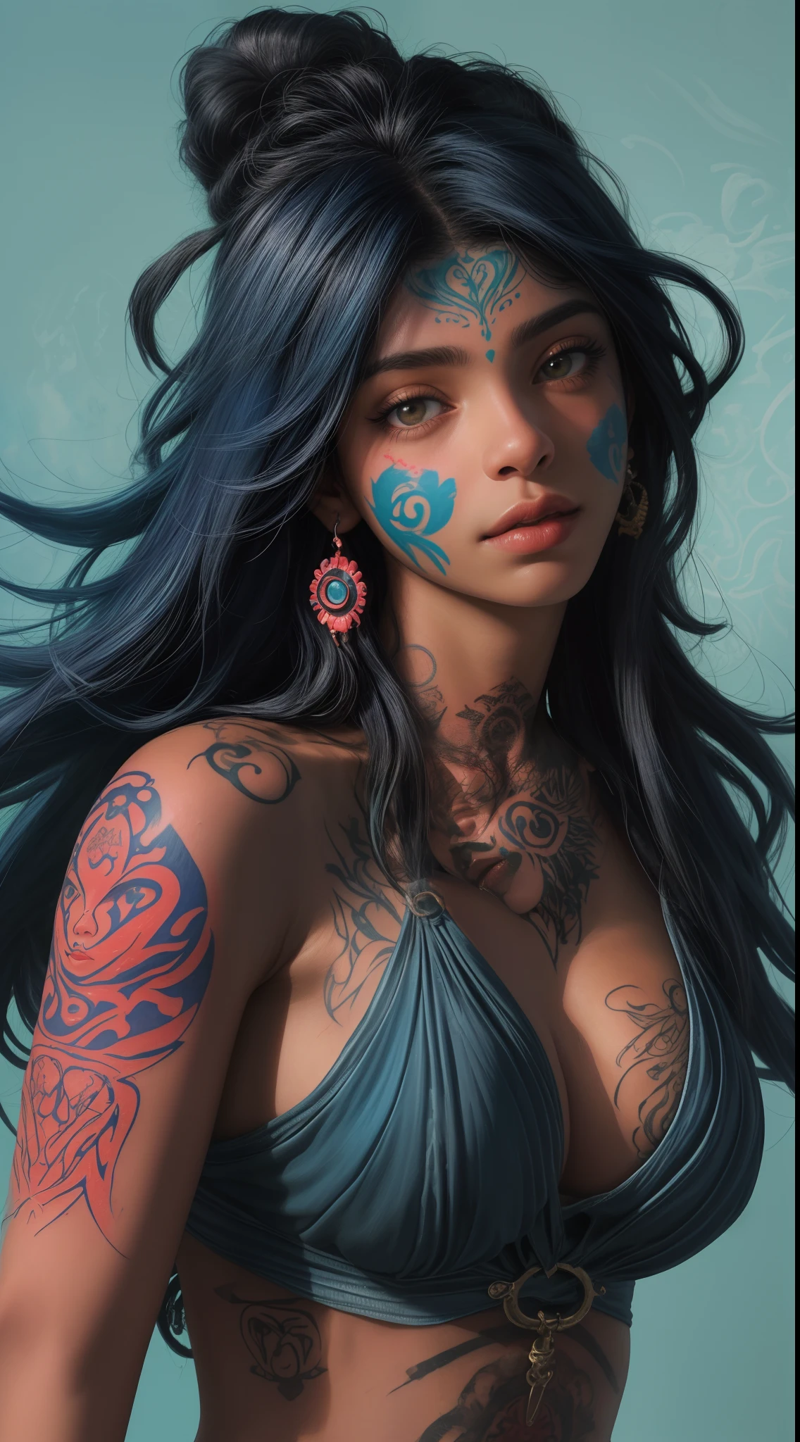 1closeup de uma garota  18 anos tatuada no rosto todo ((AFRO AMERICANA)), ((cabelo azul curto e liso com franja)), sorrindo,((with various tattoos on his face)), fleshy lips,olhos grandes,sardas no rosto ,batom vermelho,( pircing on the lip),colar, brinco, e maquiagem, Angle of the face up close, Looking at camera