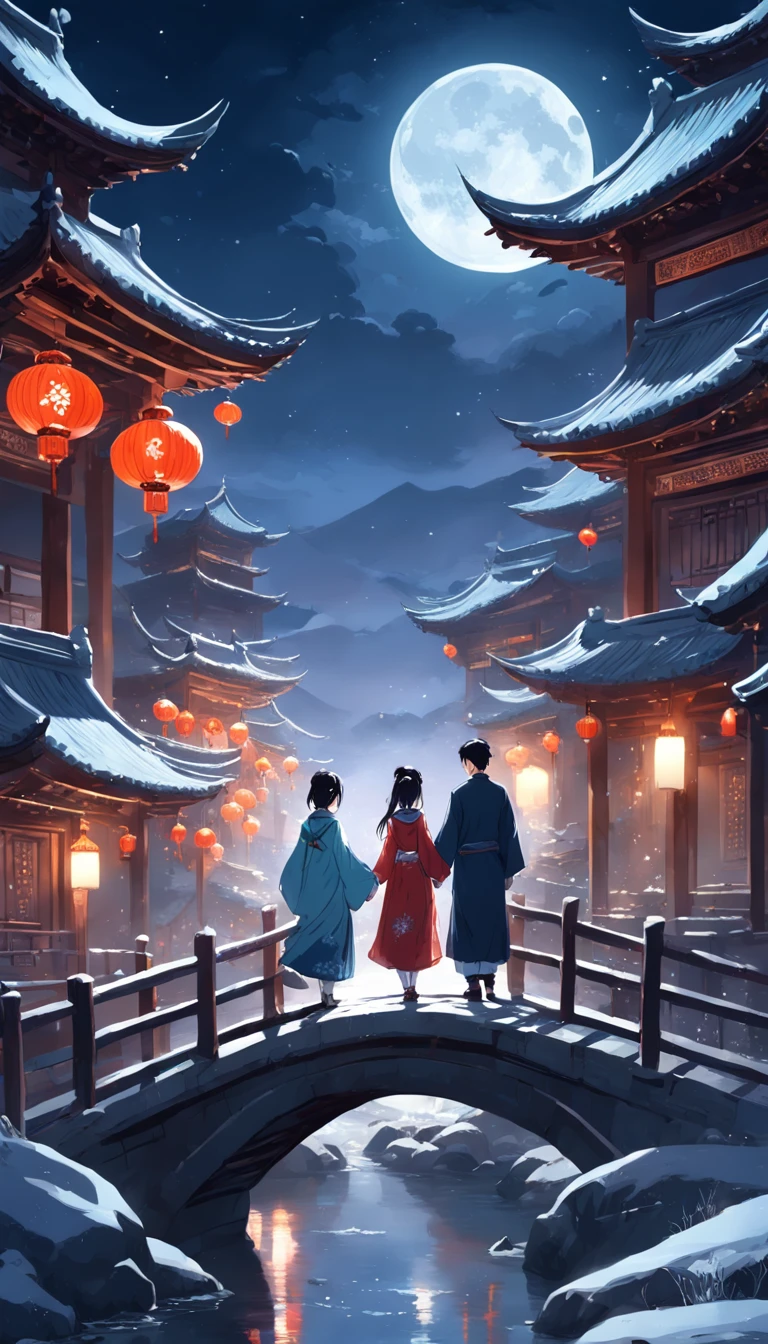 Moonlit Alafis with a bridge and a couple, a picture inspired by Zhu Derun, trending on pixabay, romanticism lain, holding hands in the moonlight, moonlight snowing, illustration!, Moonlight snow, boy girl traditional romance, xianxia fantasy, Chinese fantasy, beautiful moonlight night, background-image, Chinese style, moonlit night dreamy atmosphere