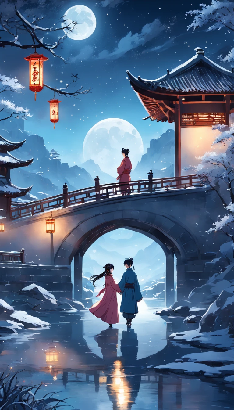 Moonlit Alafis with a bridge and a couple, a picture inspired by Zhu Derun, trending on pixabay, romanticism lain, holding hands in the moonlight, moonlight snowing, illustration!, Moonlight snow, boy girl traditional romance, xianxia fantasy, Chinese fantasy, beautiful moonlight night, background-image, Chinese style, moonlit night dreamy atmosphere