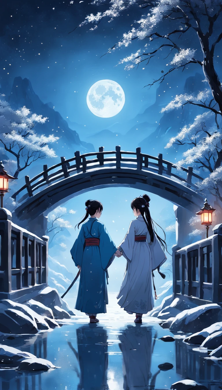 Moonlit Alafis with a bridge and a couple, a picture inspired by Zhu Derun, trending on pixabay, romanticism lain, holding hands in the moonlight, moonlight snowing, illustration!, Moonlight snow, boy girl traditional romance, xianxia fantasy, Chinese fantasy, beautiful moonlight night, background-image, Chinese style, moonlit night dreamy atmosphere