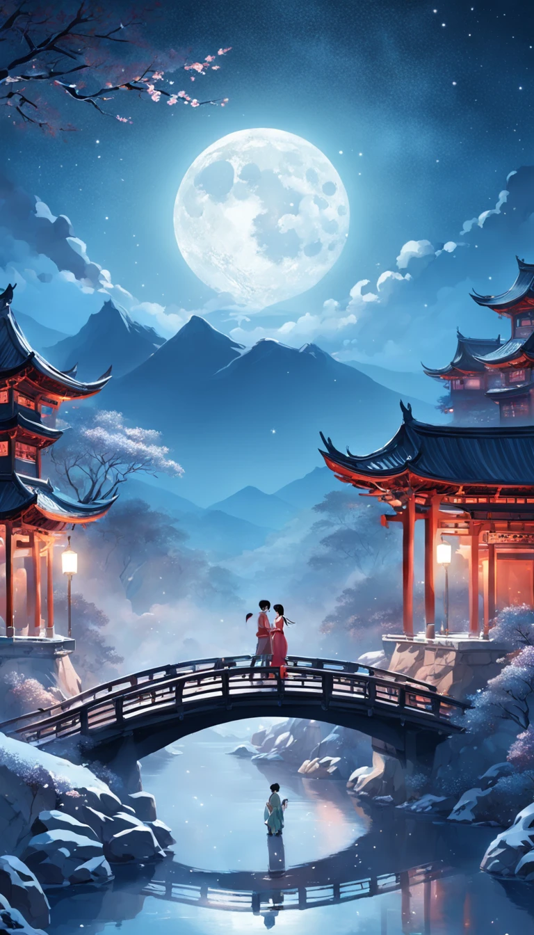 Moonlit Alafis with a bridge and a couple, a picture inspired by Zhu Derun, trending on pixabay, romanticism lain, holding hands in the moonlight, moonlight snowing, illustration!, Moonlight snow, boy girl traditional romance, xianxia fantasy, Chinese fantasy, beautiful moonlight night, background-image, Chinese style, moonlit night dreamy atmosphere