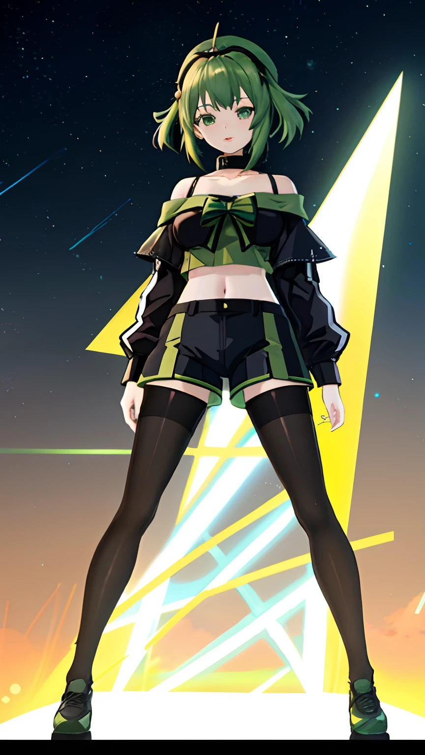 Anime girl standing in front of a huge sculpture,Wear a green off-the-shoulder navel striped long-sleeved sweater and black super shorts and black pantyhose stockings, low quality video, Anime style. 8K, kda, Praise Artstyle, clean artstyle, anime vtuber full body model, live2d virtual youtuber model, low quality footage, trending on artstration, 4 k'', 3 d demo reel avatar