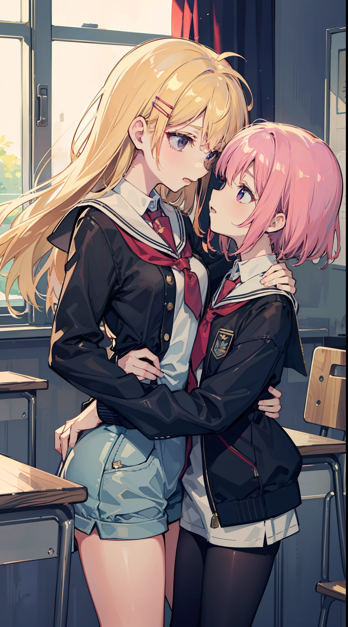 masterpiece (((1 man))) 1 girl (((men and women))) Pink hair Long hair Green eyes Huge breasts (big nipples) NSFW (orgasm) (heart eyes) uniform blazer ((hug)) ((deep kiss))