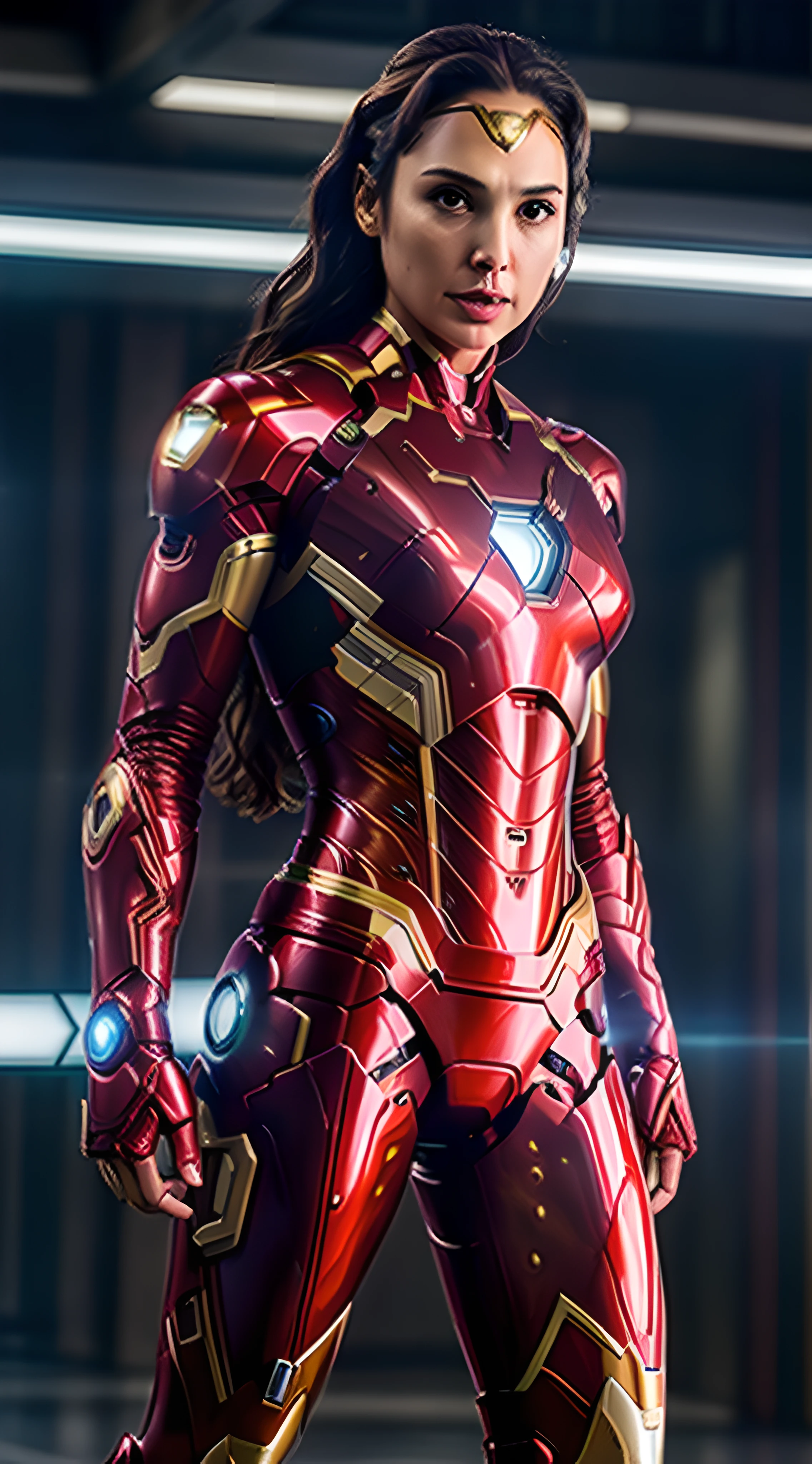 "Gal Gadot is Iron Man, wearing an Iron Man costumer with sexy physique, young face, intricate Iron Man costume, long pony tailed hair, showcasing her strength and determination while doing an Iron Man pose. Ultra high definition and resolution, capture every detail of her intense expression and powerful stance. Photorealism brings her presence to life."