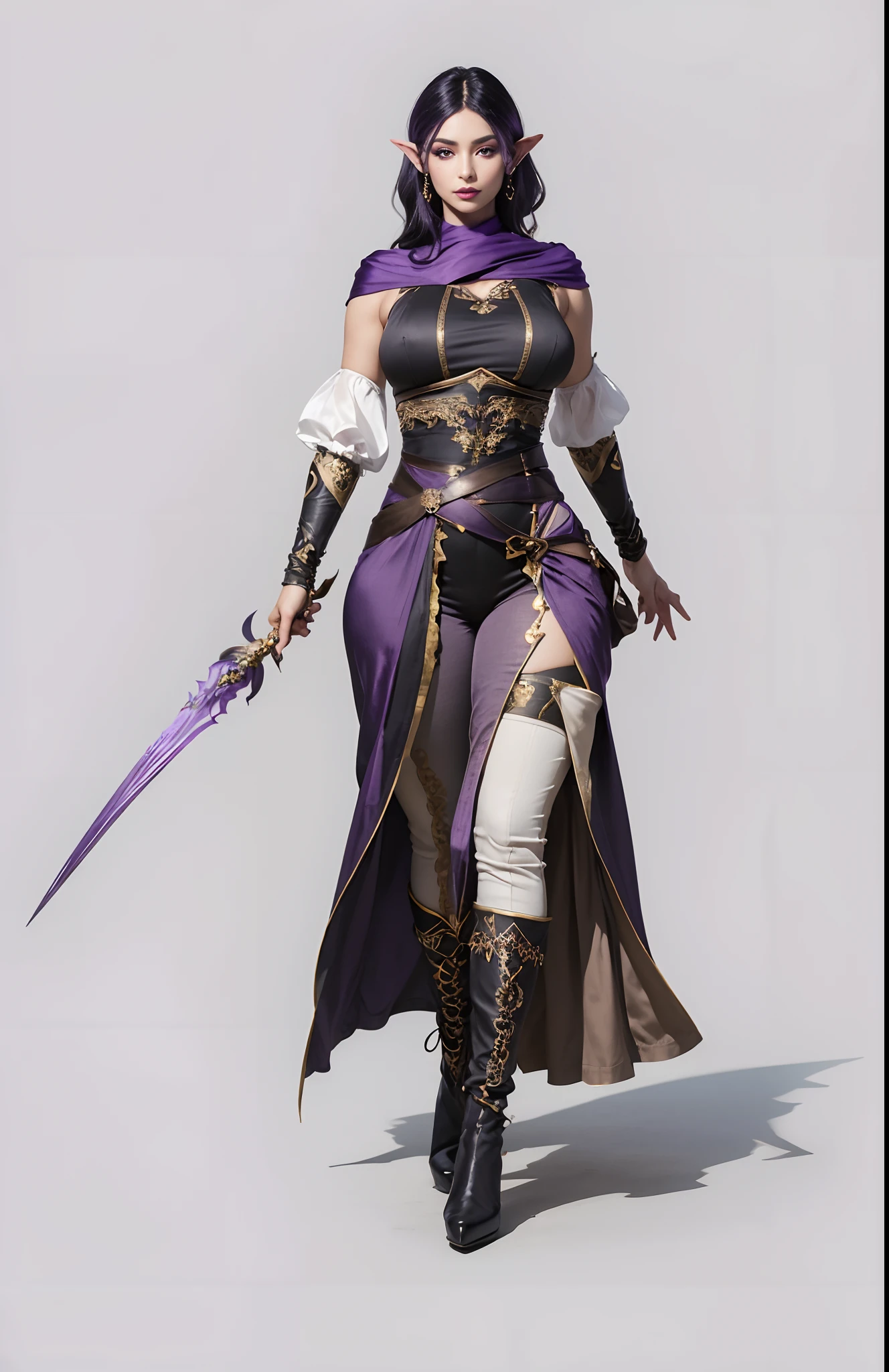 modelshoot style, (extremely detailed CG unity 8k wallpaper), full shot body photo of the most beautiful artwork in the world, beautiful woman, (((vivid purple eyes))), half-elf female wizard, conservatively dressed, modestly dressed, (buttoned up black sleeveless longcoat), (purple sleeves), (tight grey pants), (purple silk scarf), tied back silky shoulder length detailed black hair, (((fully clothed))), (dark gothic makeup), very light brown skin, (enormous breasts), small pointy ears, wide hips, hourglass figure, big booty, beautiful complexion, confident, alluring, gorgeous, Persian, powerful, magical realism, cinematic lighting