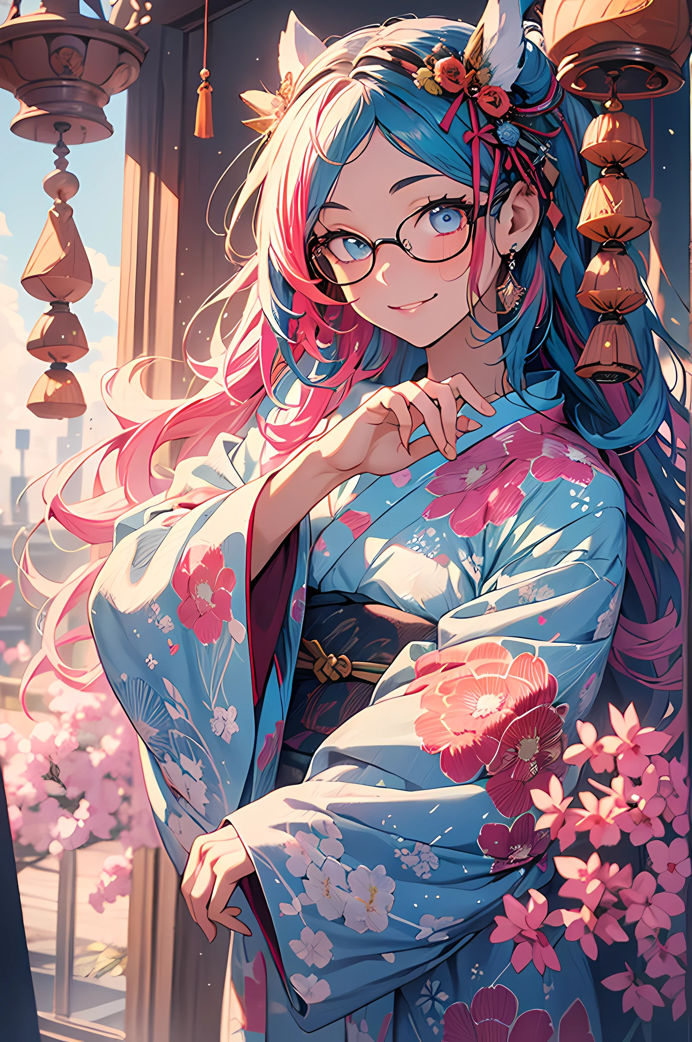 ((Yukata)),eye glass,innocent smiles,ancient city,veranda,wind chime,(1girl in, Solo:1.6),(Best Impact:1.5), (maximalism:1.7),Vivid contrast, (Realistic), hyperrealistic illustrations, hight resolution, ultra-detailliert, absurderes,(Fractal Art:1.3)、Iridescent eyes、FULL BODYSHOT、Precise focus、randome pose、cinema4d、Drama