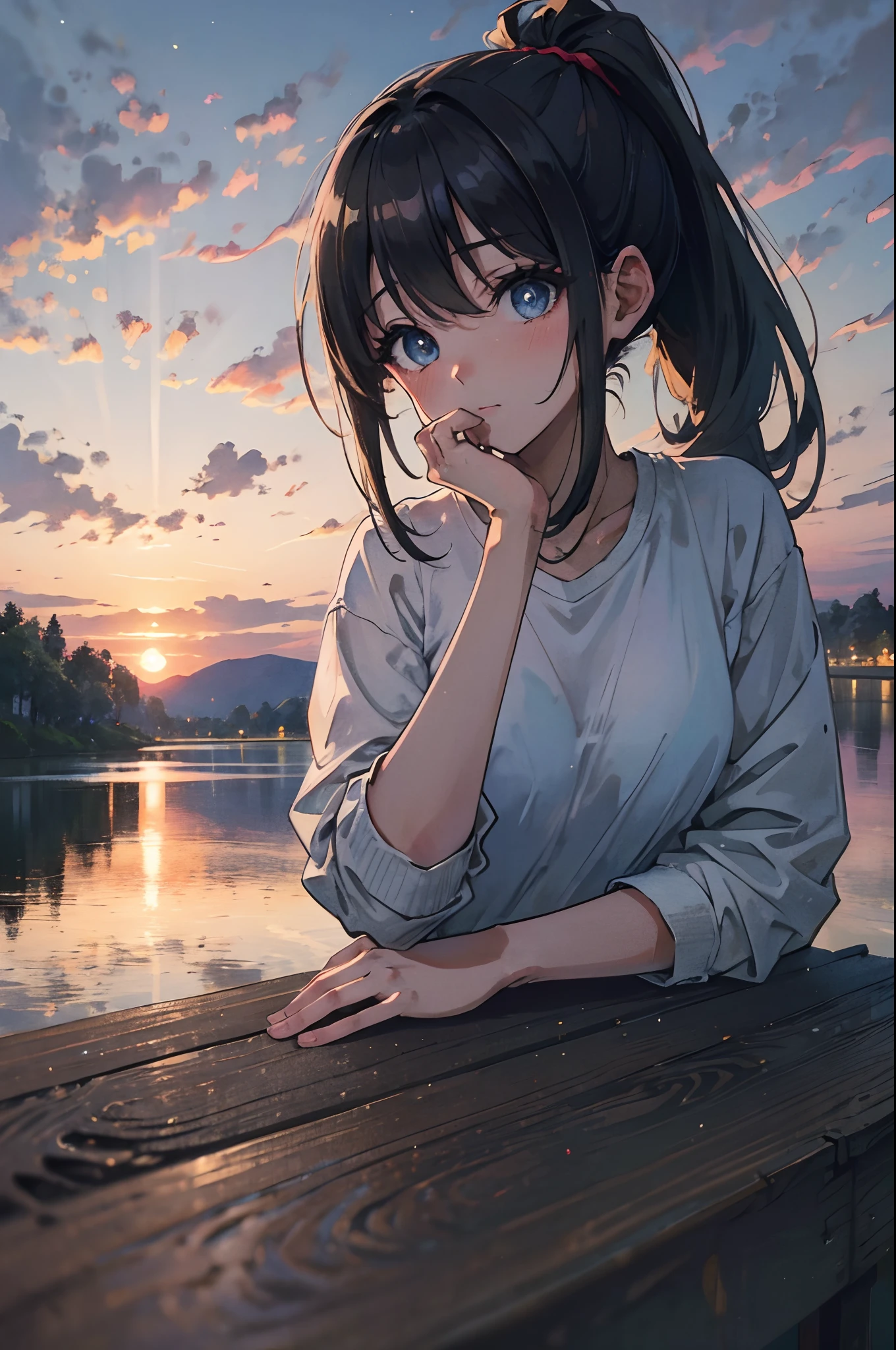 (Highest Quality, hight resolution, masterpiece:1.3) Dusk, Sunset, girl with, age19, short-cut, Ponytail, White shirt, White sneakers, Denim miniskirt, realisitic, ultra-detailliert, Slimed, Take a break sitting on the riverbank, Holding her cheek in her hand, Upper body, Face Focus, Look at viewers, A dark-haired, Blue eyes, Break dynamic light and shadow, hight resolution, foco nítido, depth of fields, A detailed eye, perfect anatomy --auto