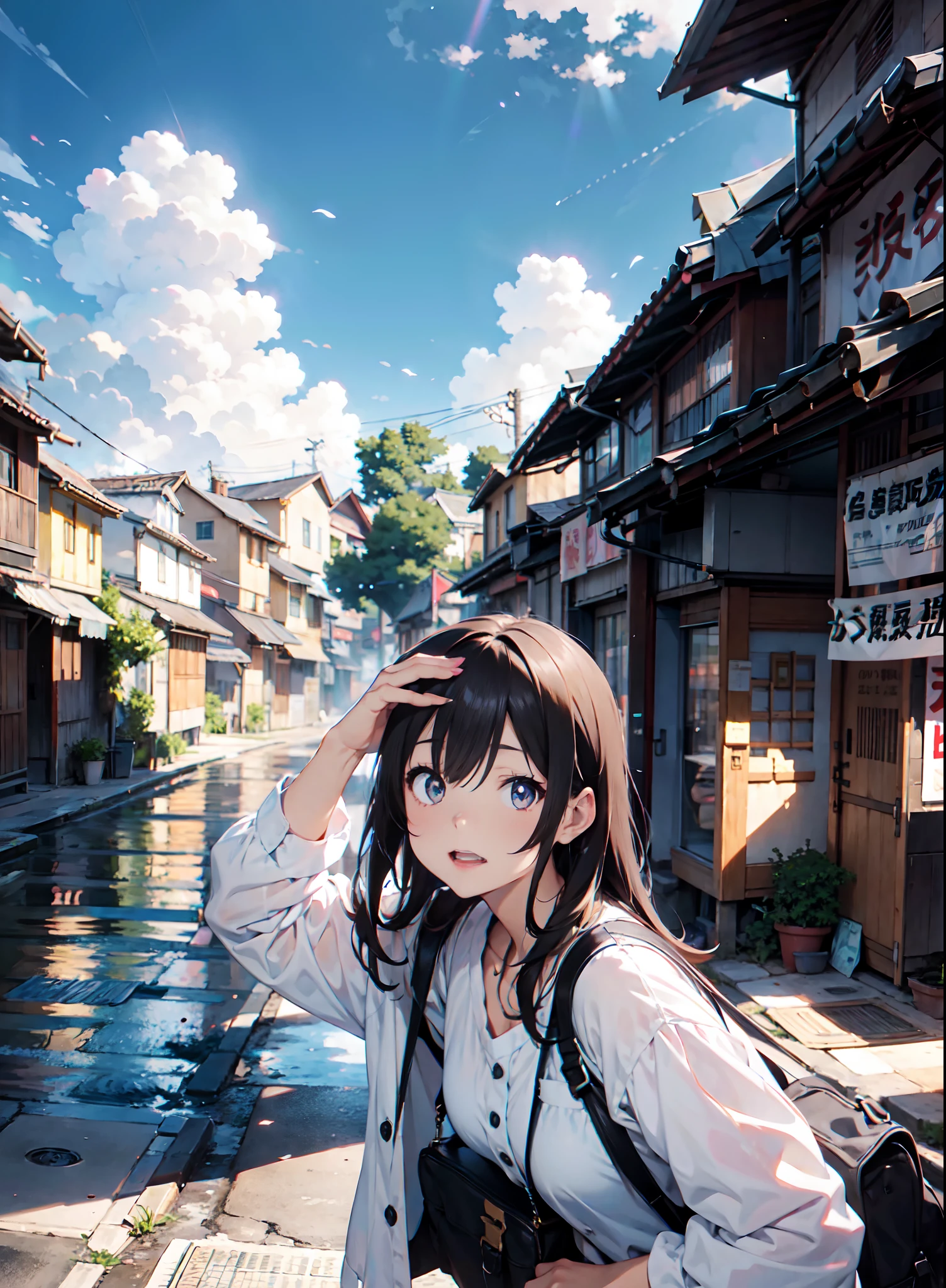 woman in white shirt standing on street with handbag, long hair, ancient city streets behind her, picture by Makoto Shinkai, same hairstyle, trending on cg society, conceptual art, kyoto animation still, guweiz and makoto shinkai, high quality anime movie still, ultra HD 4k, fine detail, as per image, outdoor, pefect hand, anime style eyes.