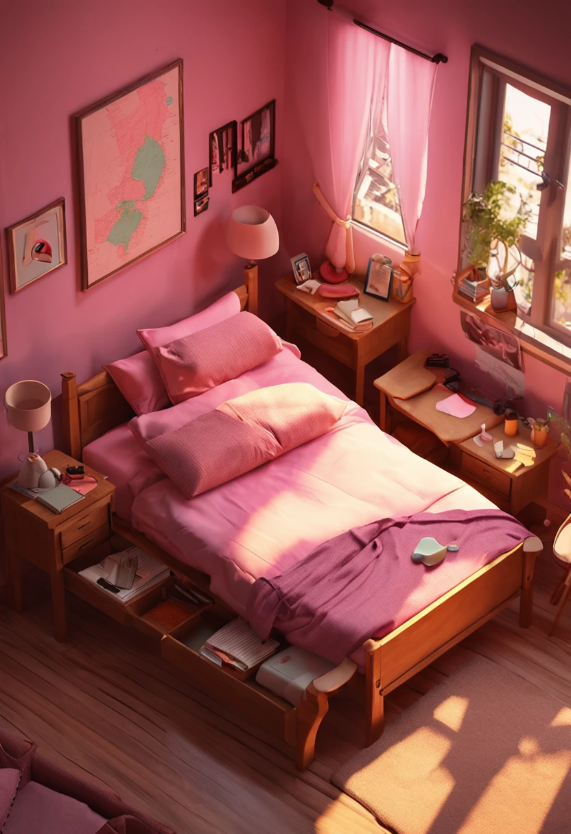 (Isometric perspective:1.5),(pixar-style:1.2),There is a bed in the bedroom,sofe,table light,Study desk,janelas,Wall paintings,3 d modelling,pink back ground,Global illumination,Ray traching,hdr,rendering,unreal render,best qualtiy,8K