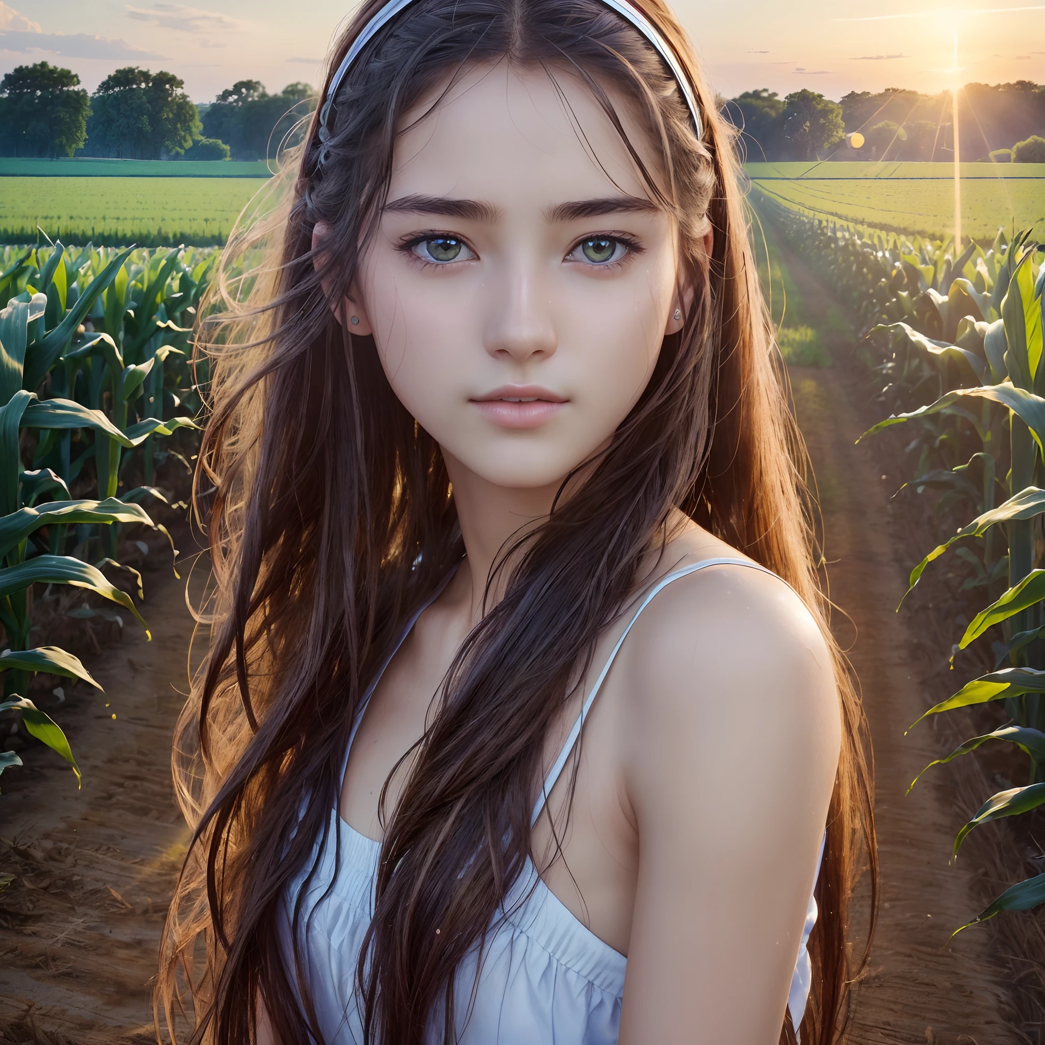 (in 8K、top-quality  high resolution、​masterpiece:1.2)、(Photorealsitic:1.4)、(detailed skins:1.3)、Beautiful french girl at 18 years old、(Detail Eye), Sweaty skin、long hair of bright colors, working on corn farm field, Lens flare and high resolution texture GPT-3.5、