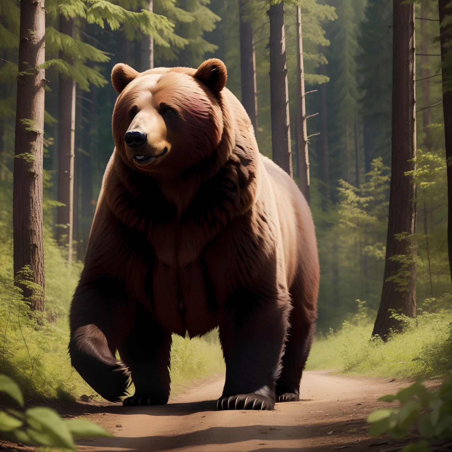 Bear in the forest, full length, eats raspberries.