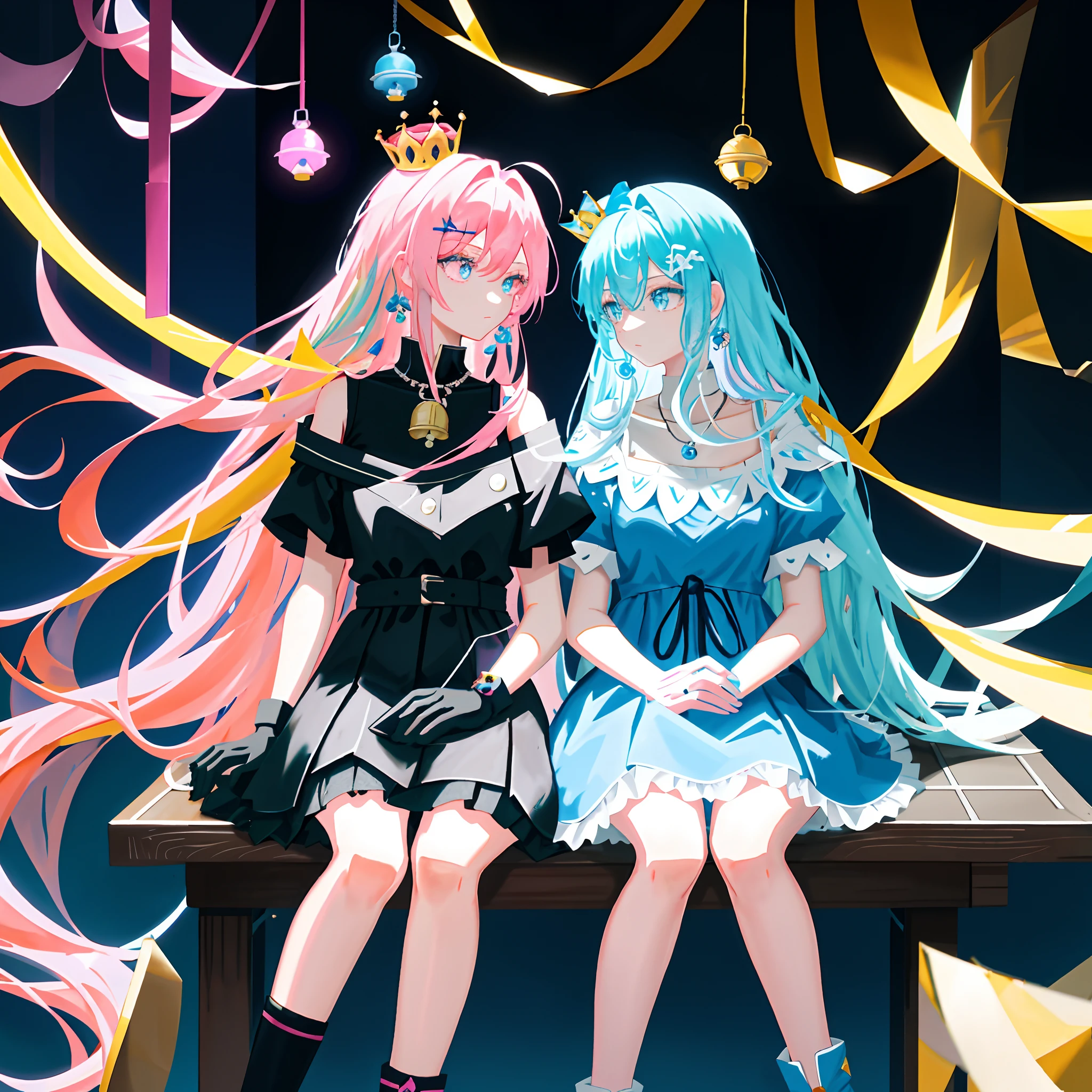 A high resolution,ultra - detailed ,High quality masterpiece two-dimensional anime 2D White hair Hair falling down Cyan-pink hair ornaments on the head Different pupils Yellow left eye Blue right eye Deep eyes Thoughtful Crown on head Necklace and bell around neck Wearing white, black, blue and blue low-cut dress Pink miniskirt Wearing black silk and leg loops on the legs Sitting on a tall seat Legs dangling Erlang legs One foot slightly cocked There is a chess board on the table next to it, and there is an endgame on the chessboard, of which there are seven white flags left, eight black flags left, and the queens on both sides are there The girl holds a horse in a black chess piece The girl's hand wears white gloves
