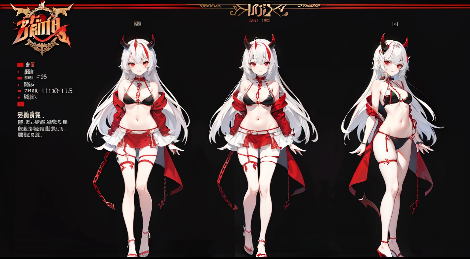tmasterpiece,Need,1 Female demon,A high resolution,bleeding from the corners of her mouth,hoang lap,Fang,tiny horns,Collar,Large chains,Black all over,(ultradetailed:1.1025),(illustratio:1.1025),(infography:1.1025),Patent drawings,Physical measurement,(All bikini requirements:1.1025),papelaria, (独奏:1.1025),standing on your feet,Have a cohesive background,5 fingers in the hand,fittings:Red rope chains,character sheets,black in color, blanche, Red tones