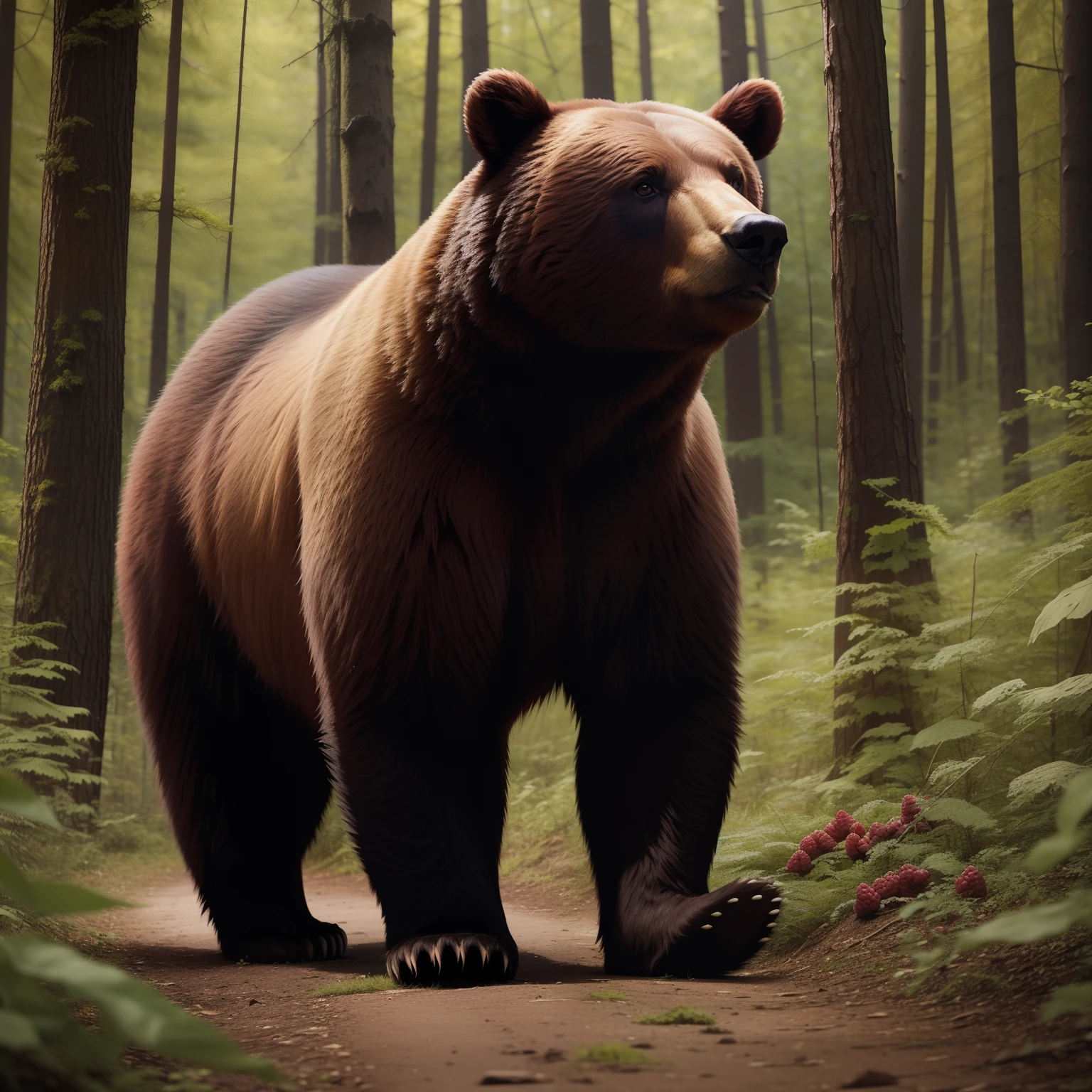 Bear in the forest, full length, eats raspberries.