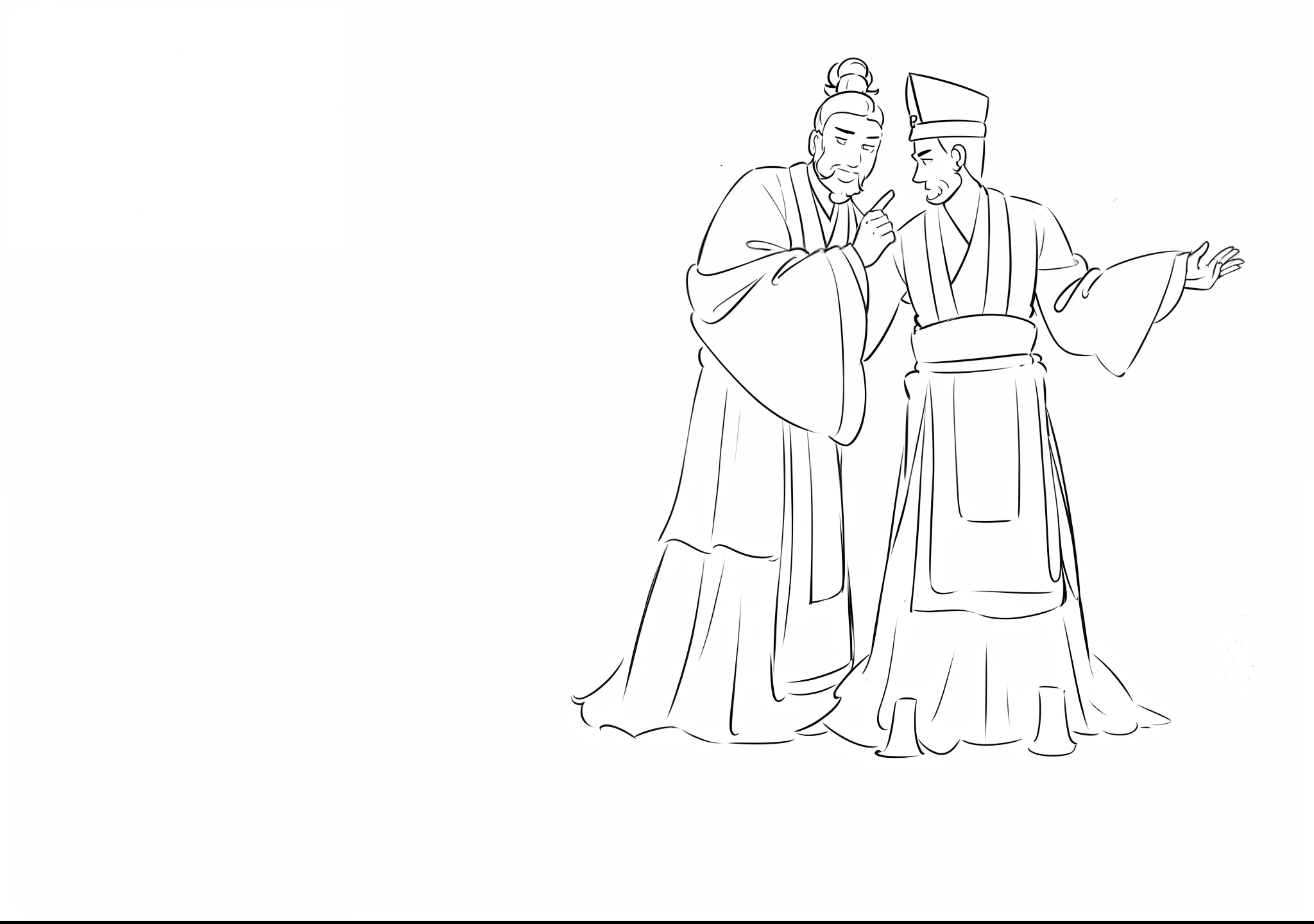 "A illustration，Two men，maximalist details，Storybook style illustration，inspired by Emperor Huizong of Song，Ultra-flat feel，The lines are black，Monochrome performance，In particular, Highlight the black and white manuscript effect，The background is mainly simple，Painting with white background as background"