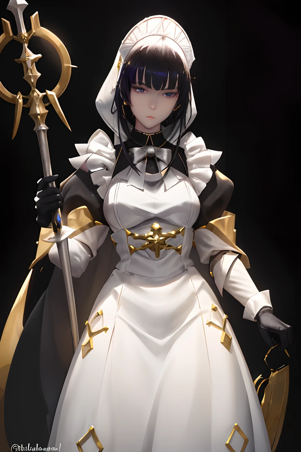 Narberal Gamma is depicted as an elegant beauty. Snow white skin Black horsetail People believe that her beauty is comparable to that of a golden princess.
She wore a white hood instead of a helmet, and a black armor adorned with gold and silver like a maid's uniform. As a fighting mage, her weapon of choice is a gold, silver-plated staff.