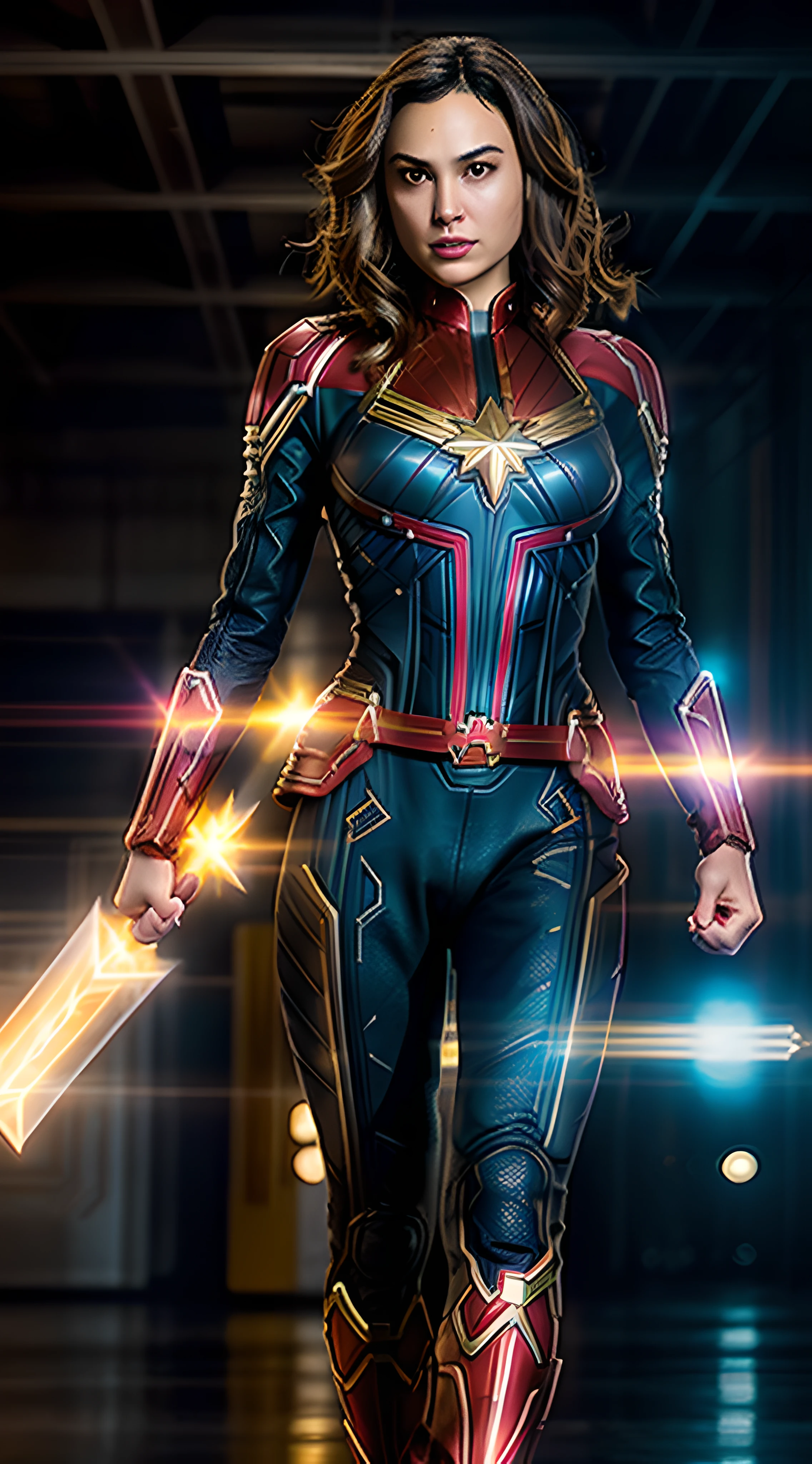 "Gal Gadot, intricate captain marvel costume, sexy physique, young face, long pony tailed hair, showcasing her strength and determination while walking. Ultra high definition and resolution, capture every detail of her intense expression and powerful stance. Photorealism brings her presence to life."