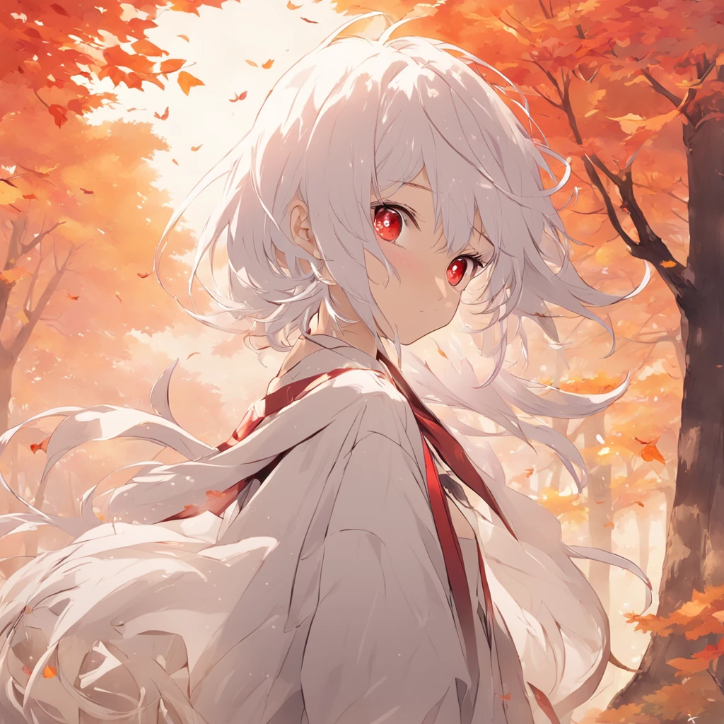 shiny white hair、Neutral face、Red eyes、Rich in color、Beautie、Wearing white clothes、well-styled、小柄、Super beautiful、high-level image quality、4K、8K、Round ears like tanuki are visible、In the wilderness、autumnal、Colored leaves、two people、Full body like、Being under a tree with autumn leaves