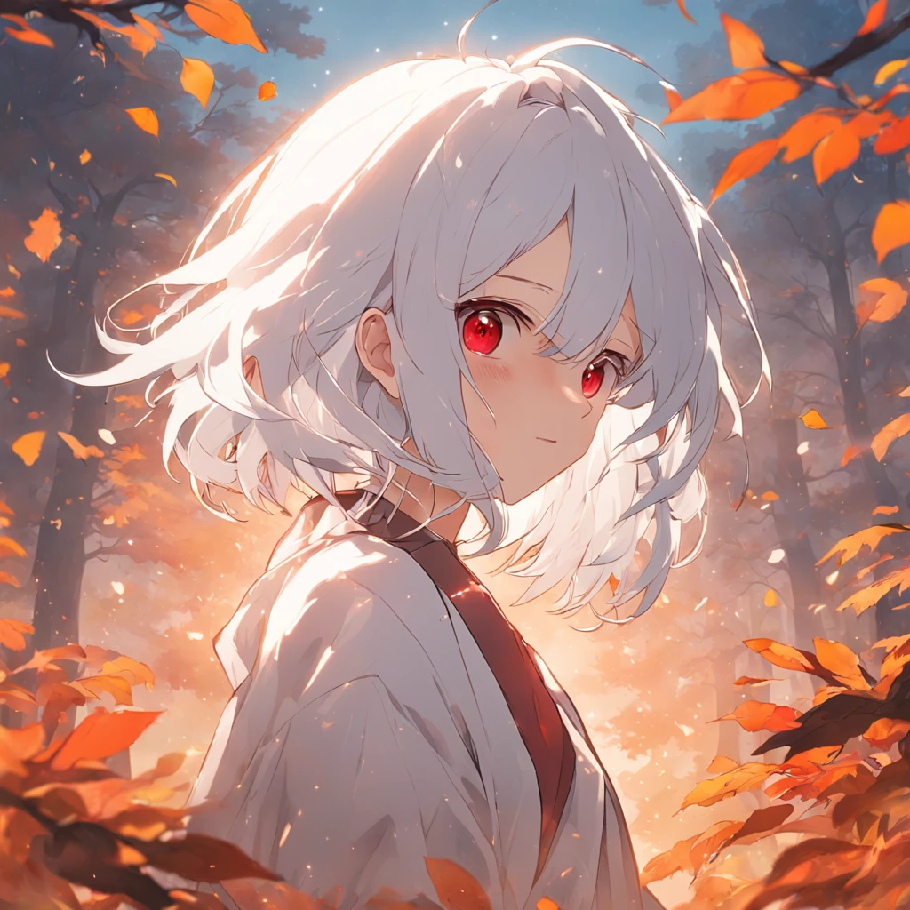 shiny white hair、Neutral face、Red eyes、Rich in color、Beautie、Wearing white clothes、well-styled、小柄、Super beautiful、high-level image quality、4K、8K、Round ears like tanuki are visible、In the wilderness、autumnal、Colored leaves、two people、Full body like、Being under a tree with autumn leaves
