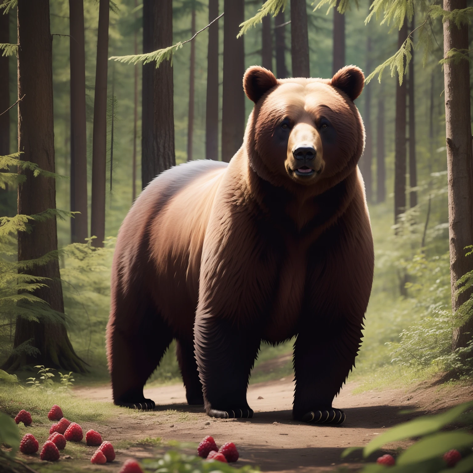 Bear in the forest, full length, eats raspberries.