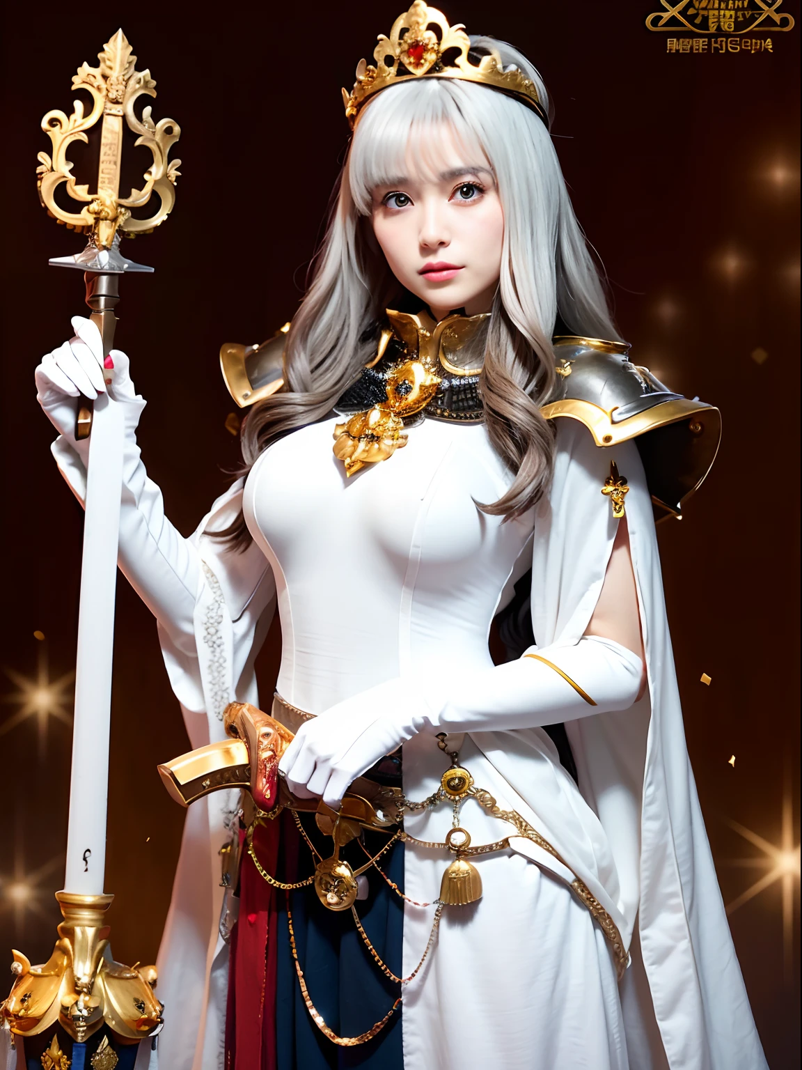 (masutepiece), Professional , masterpiece、top-quality、photos realistic , depth of fields (Gemstone White Metal Body:1.9),(Matte White、Jewel Gold Weapon(Jewel Metal Body:1.4),Gorgeous metal weapons ,(( Detailed and gorgeous sword of the brave)) , Beautiful knife ,warhammer 40k , adepta sororitas,Detail and ornate jewel crown、((Micro Bikini Armor))、((Gangle's forest background))、Beautiful Caucasian beauty、1a person、dynamic ungle,(((Detailed and ornate diamond crown)))、Smaller head、A smile、Background inside the castle、Thin and beautiful female hands、cleavage of the breast、Soldier in iron armor on background、Mystical expression、Light Effects、intense fighting、Wind-effect、magic circles、With the legendary magic wand、(wings of light)、Toostock、Toostock、