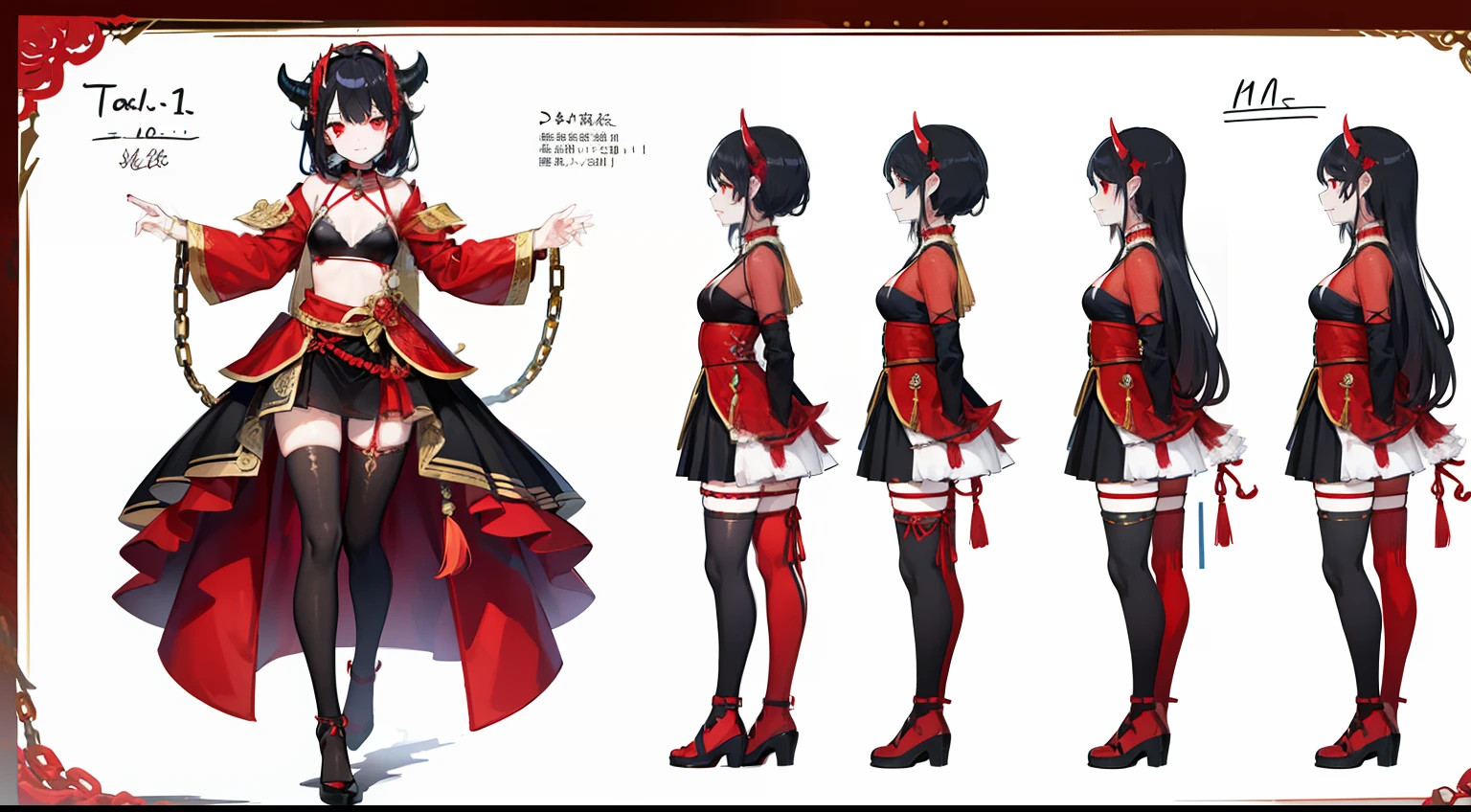 tmasterpiece，Need，1 Female demon，A high resolution，bleeding from the corners of her mouth，hoang lap，Fang，tiny horns，Collar，Large chains，Black all over，（ultradetailed：1.1025），（illustratio：1.1025），（infography：1.1025），Patent drawings，Physical measurement，（All bikini requirements：1.1025），papelaria， （独奏：1.1025），standing on your feet，Have a cohesive background，5 fingers in the hand，fittings：Red rope chains，character sheets，black in color, blanche, Red tones