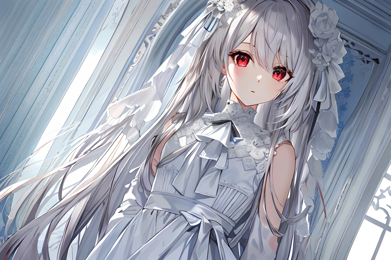 ((tmasterpiece,best qualtiy))++, detailedlight+, Detail hair+, Detail hands+ ,1girll, woman, long whitr hair, Dark red eyes, beautidful eyes, Young gray hair,,,(Beautiful white hair:1.5),(beatiful detailed eyes), A high resolution+,white pajama,white skirt,Glass tones,Reflective eyes,{{Angle}},Very detailed wallpaper,primitive,naturey,