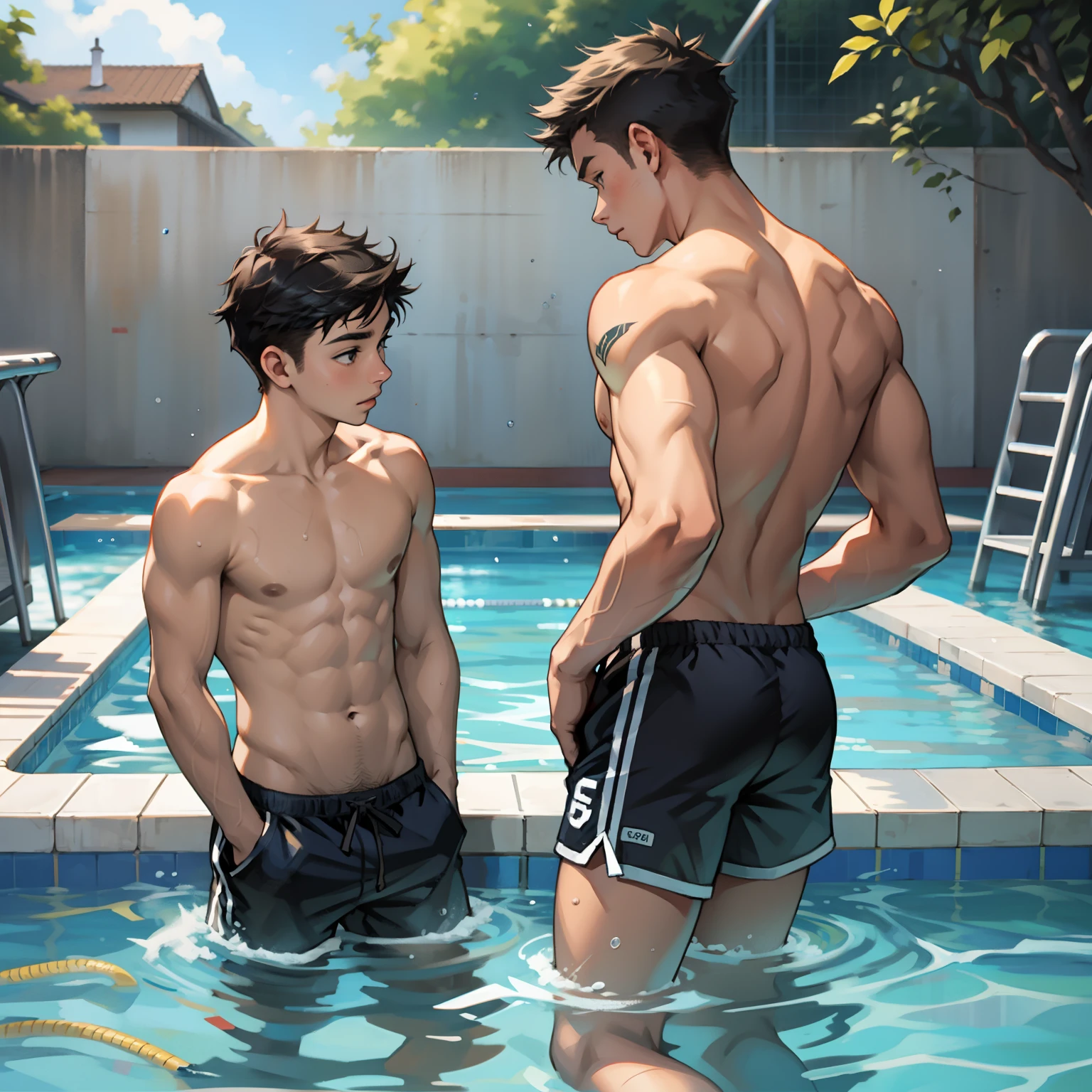 Two boys swimming in shorts,swimmingpool