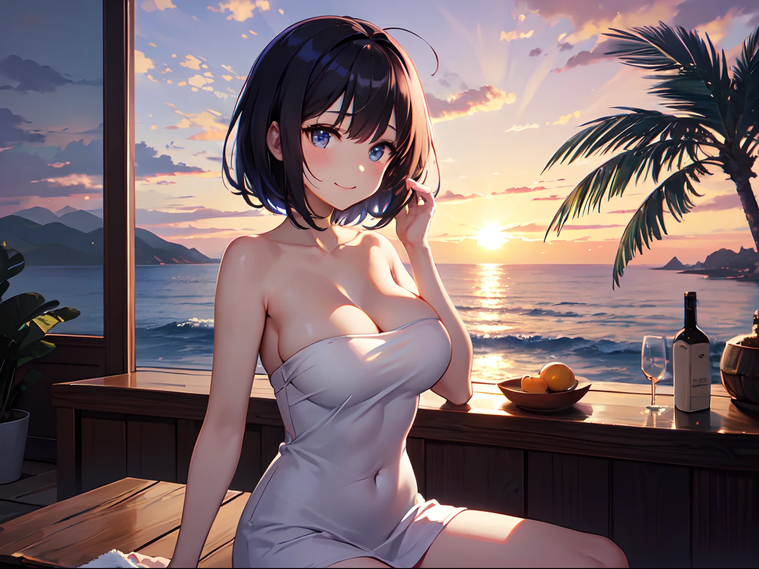 VerydetailedCG,UHD wallpaper, extremy detailed,(((Best Quority))), ((ultra detali)), 1girl huge large breasts, Animal_oren, Black_Hair, Blue_Eyes, Large breasts, cat_oren,(Naked_Towels), the clouds, Cloudy_Sky, crepuscular, nights, Gradient_Sky, horizon, Looking_At_peeping at the viewer, makeups, mediating_breasts, Aqua Eye, woven, Eau, droplets of water, mont, mountainous_horizon, navels, the ocean, Orange_Sky, exteriors, Palm_tree, The purple_Sky, Red_Sky, short_Hair, Sat down, skyward, ssmile, 独奏, suns, sunraise, sun setting, Towels, The tree, at twilight, Eau