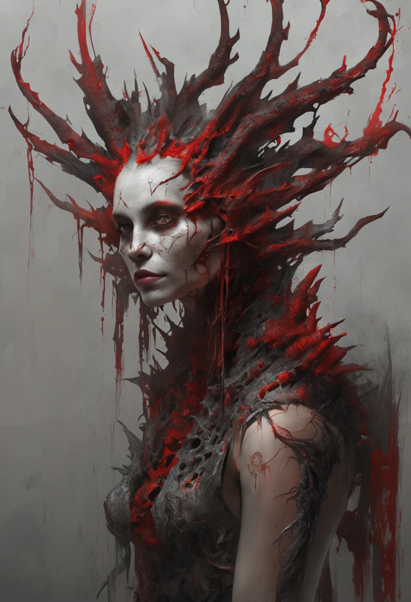 (Aschenhardt Style:1.4), Masterpiece, Best Quality, High Quality,(Dark shapeless creature with dark red glow and red eyes and surrounded by darkness:1.2), (in profile), (Darkness:1.2), Abstraction, Deep Sea, Award-winning photography, Depth of field, HDR, Very detailed, Trending in art stations, Trending in CGsociety, Complex, High detail,(Masterpiece:1.2, Best Quality), (Best Lighting, Very Delicate and Beautiful), (Best Lighting, Very Delicate and Beautiful), (Beautiful Detailed Face), (Detailed Eyes and Detailed Face:1.2), Dark Fantasy, (Young Girl, Little Beast, 1girl, Solo, Crazy Smile, Pale Skin,19 Piercings,((tattoos all over body,Tribal tattoos all over legs)) gray hair, glowing red eyes, dynamic angle, vampire), (get chains, magic circles, graffiti on the wall, in the background)),get demons to be summoned), magic thunder, pointy_ears, fangs,demon wings,demon horns,blood on face,blood rain,blood mist,(depth of field),high contrast,(blood splash:1.4),cowboy shot,full body, black lace up thigh boots,shout, Sacrifice, Magnificent Stage
