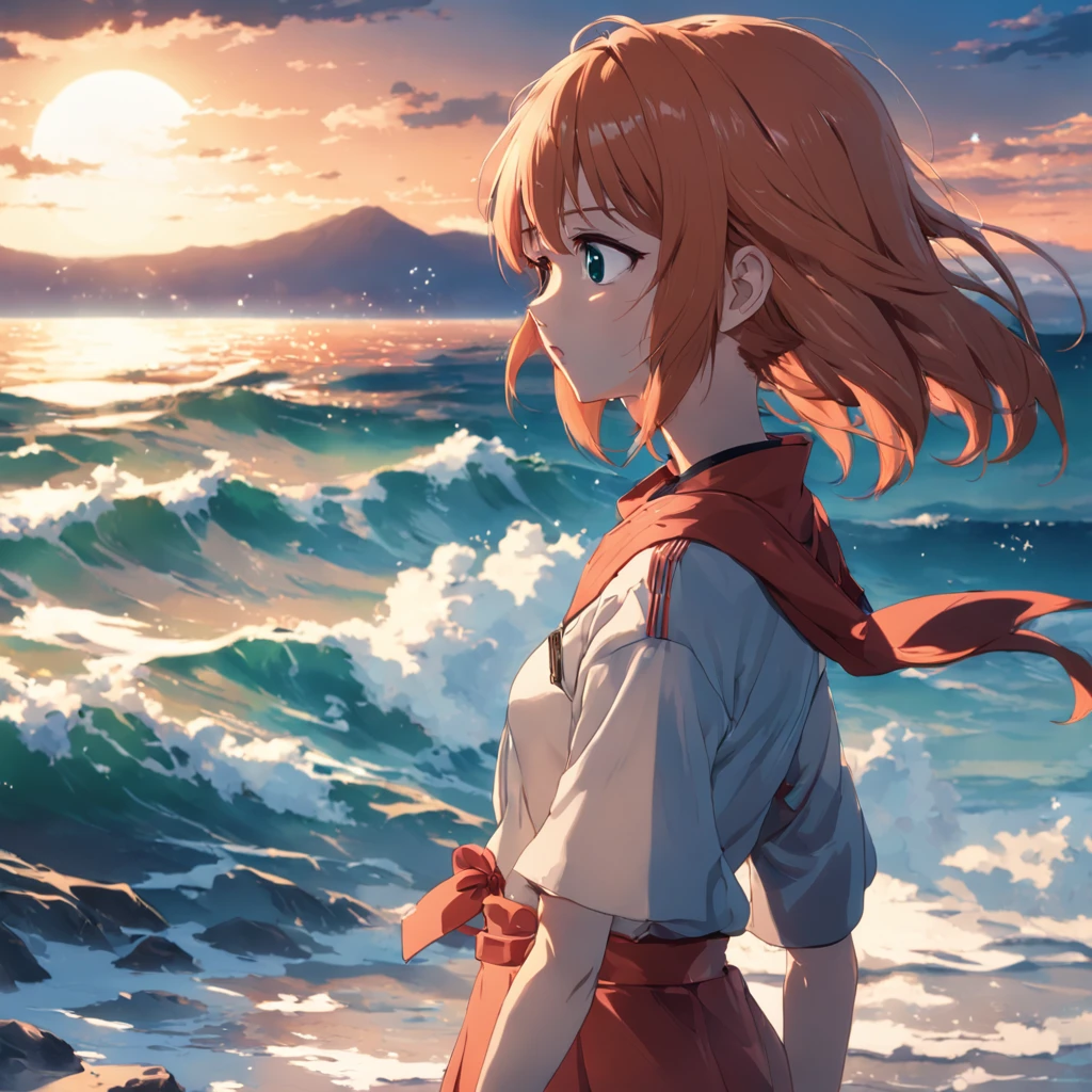 Asuka standing by the sea, Wear trendy clothes, Look sideways at the sea, with a melancholy expression, The composition is open, PC Wallpapers, anime, viewfinder, panorama, Sony FE GM, cinematic lighting, 4K, best quality, UHD