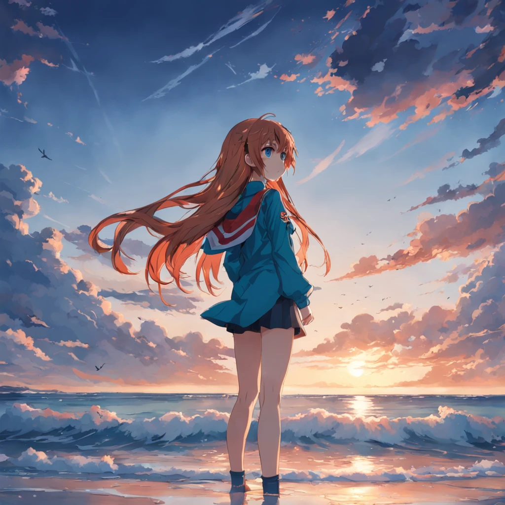 Asuka standing by the sea, Wear trendy clothes, Look sideways at the sea, with a melancholy expression, The composition is open, PC Wallpapers, anime, viewfinder, panorama, Sony FE GM, cinematic lighting, 4K, best quality, UHD