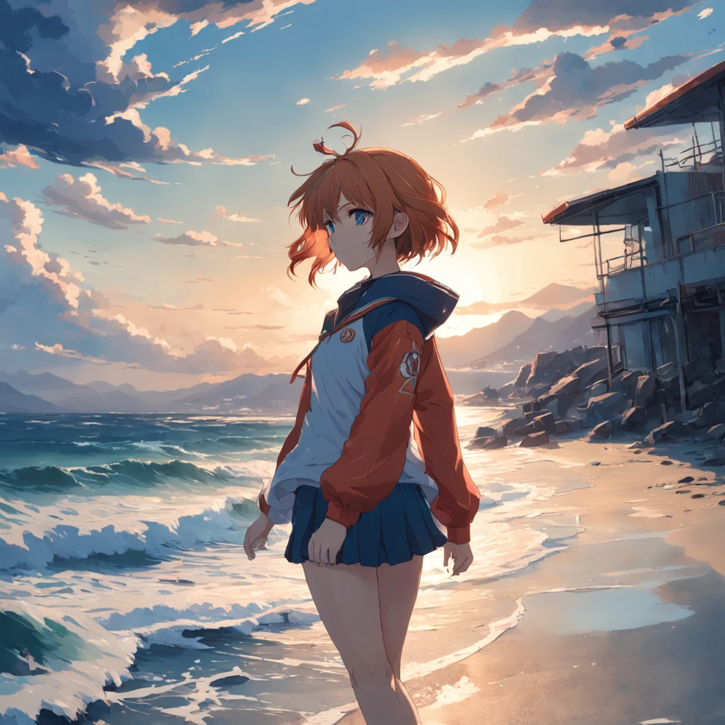 Asuka standing by the sea, Wear trendy clothes, Look sideways at the sea, with a melancholy expression, The composition is open, PC Wallpapers, anime, viewfinder, panorama, Sony FE GM, cinematic lighting, 4K, best quality, UHD