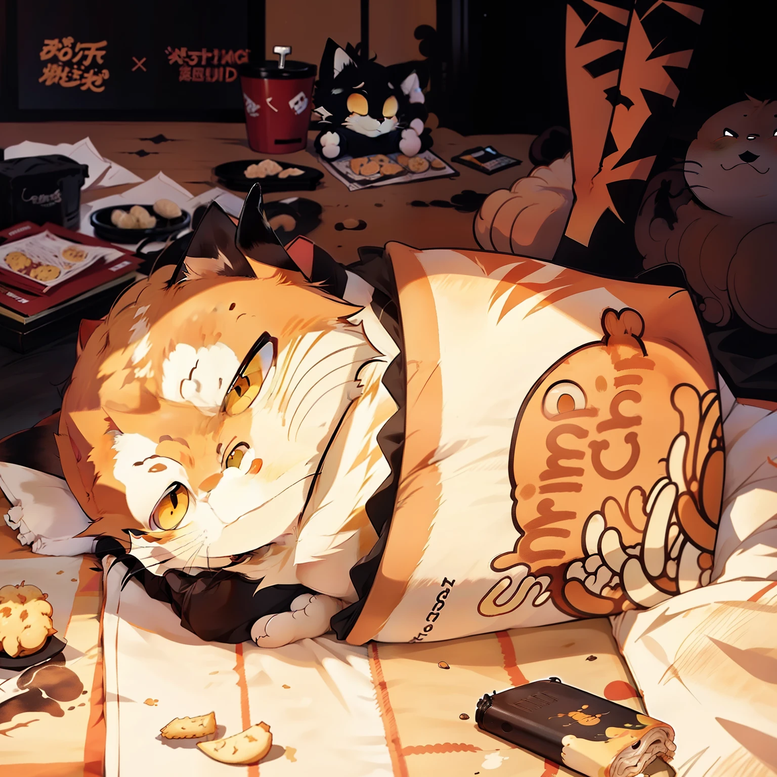 Lots and lots of snacks on the bed,The cartoon Garfield cat with a kajiro leg has a very disdainful expression and sleeps on the bed
