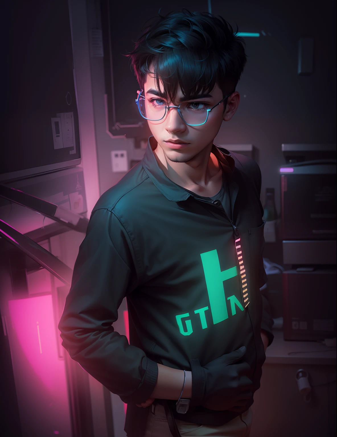 smart boy, neon background, realis pic