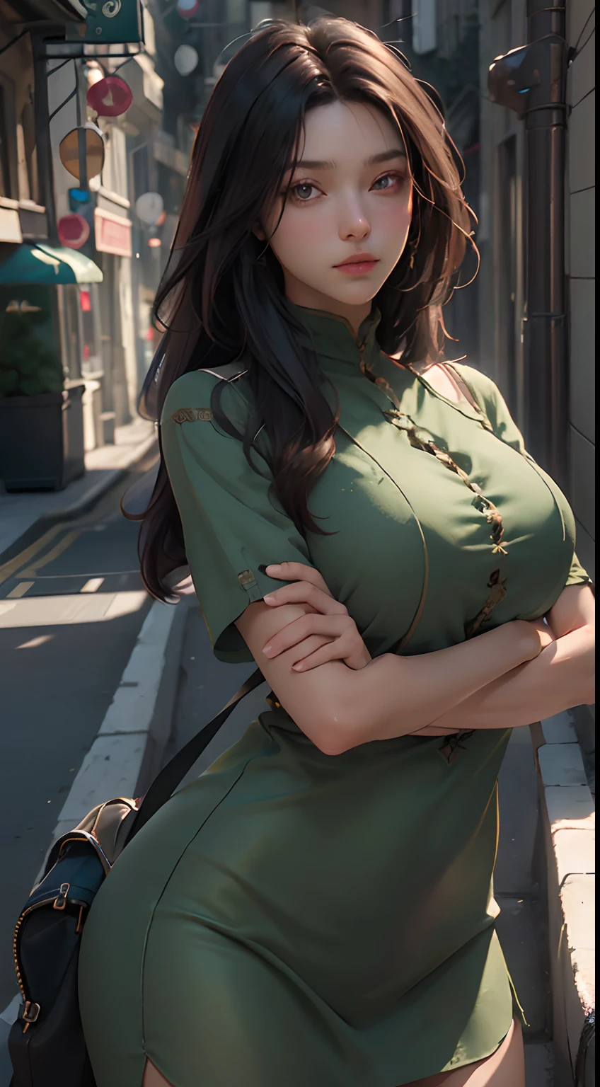 (Best Quality)), (Masterpiece)), (Details: 1.4), 3D, HDR (High Dynamic Range), Ray Tracing, NVIDIA RTX, Super Resolution, Unreal 5, Subsurface Scattering, PBR Texturing, Post-Processing, Anisotropic Filtering, Depth of Field, Maximum Clarity and Sharpness, Multilayer Textures, Albedo and specular maps, Surface shading, accurate simulation of light-material interactions, perfect proportions, Octane rendering, two-tone lighting, wide aperture, low ISO, white balance, rule of thirds, 8K RAW, street, dark hair, parents are rich, background is urban, geek understandable, good style, Constricted, absolute area, ruddy complexion, hair tied back, about 150 tall ((dark brown hair, big: 1.3)), cool, provocative eyes, arms crossed, realistic, cute, green clothes, tilted, silky hair, sister, assertive breasts