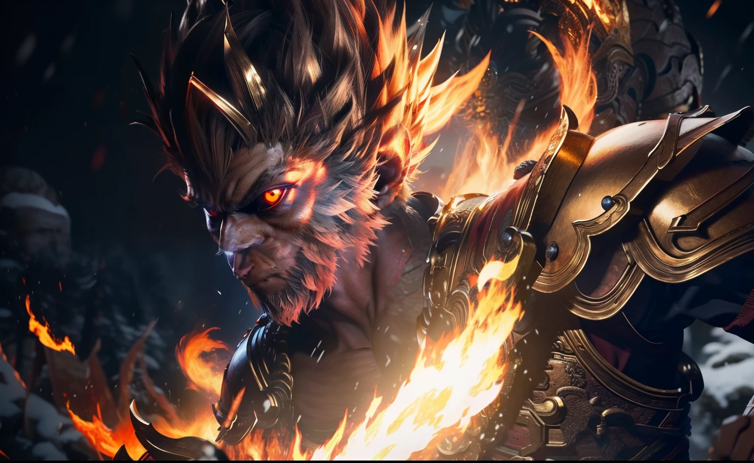 8K, Super detail, ccurate, Best quality, Masterpiece, Super detail, High details, High quality, Best quality, A high resolution，golden armour，(Red glowing eyes)，Wukong，Two Goku fighting，There is a huge phantom of Buddha in the sky， Wrapped in flames，Falling snow，winter，Bust，