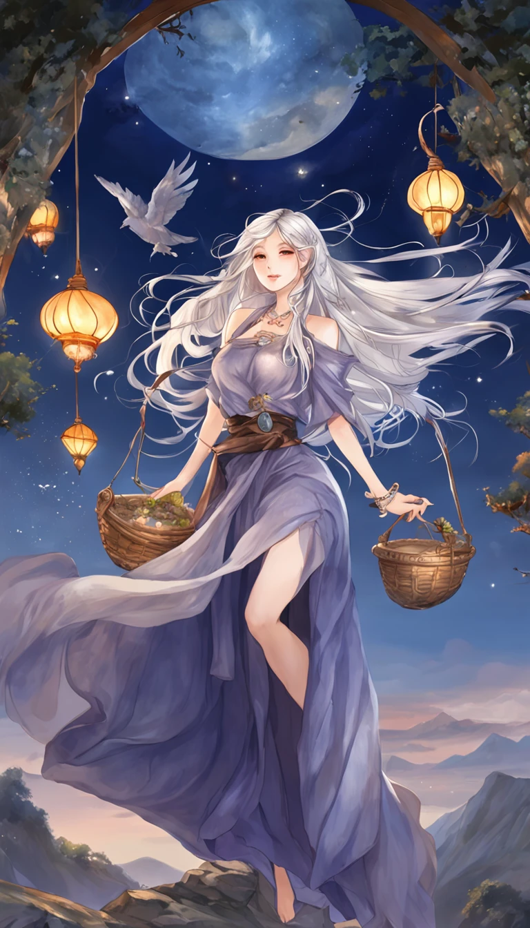 ((from side)), ((full body)), ((realistic)), nigth, dark blue sky, starrysky, moon full, Beautiful goddess, Sexy goddess, Black mage robes, Carrying food with magic, Silver hair, Long messy hair, Long hair that moves with the wind, Detailed scenes, amazing pose, Picturesque, (best qualtiy,tmasterpiece)