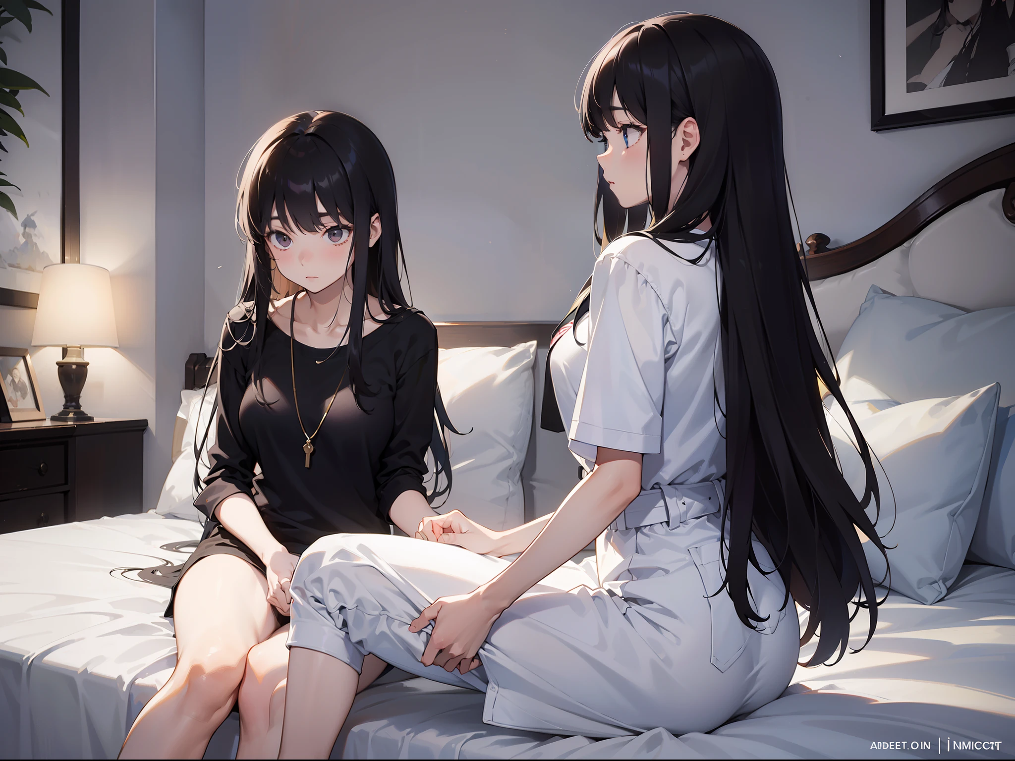 “(0~3 people)(((Best quality))),(((Ultra detailed))),(((Masterpiece))),illustration,(2 people),2girls,roommate,24 years old,Researcher,Black hair,Long hair,Straight hair,Oval face,Big eyes,Innocent,kind,Simple clothes,Plain style,Slim body,Sad expression,Shy,Looking down,Speak softly,Sitting,Side view,Bed,pillow head,blanket,Pick up the phone"