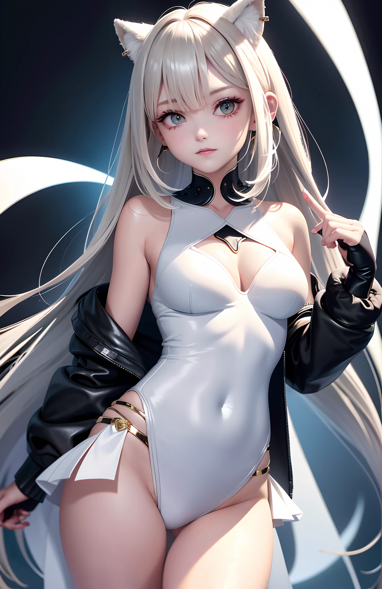 optimum，tmasterpiece，A high resolution，best qualtiy，hyper HD，super detailing，Award-Awarded，16k，独奏，（The upper part of the body），anatomy correct，Beautiful cyberpunk girl，cute  face，，Gradient Beige Hair，Hairline，（（Scarlet eyes）），long eyelasher，Hanging eye corners，White skin of the，（small boobs），（Slim body），（（Women's extra short shawl jacket）），（（tutu）），ear studs，（neck rings），（Laser material clothing：1.2）