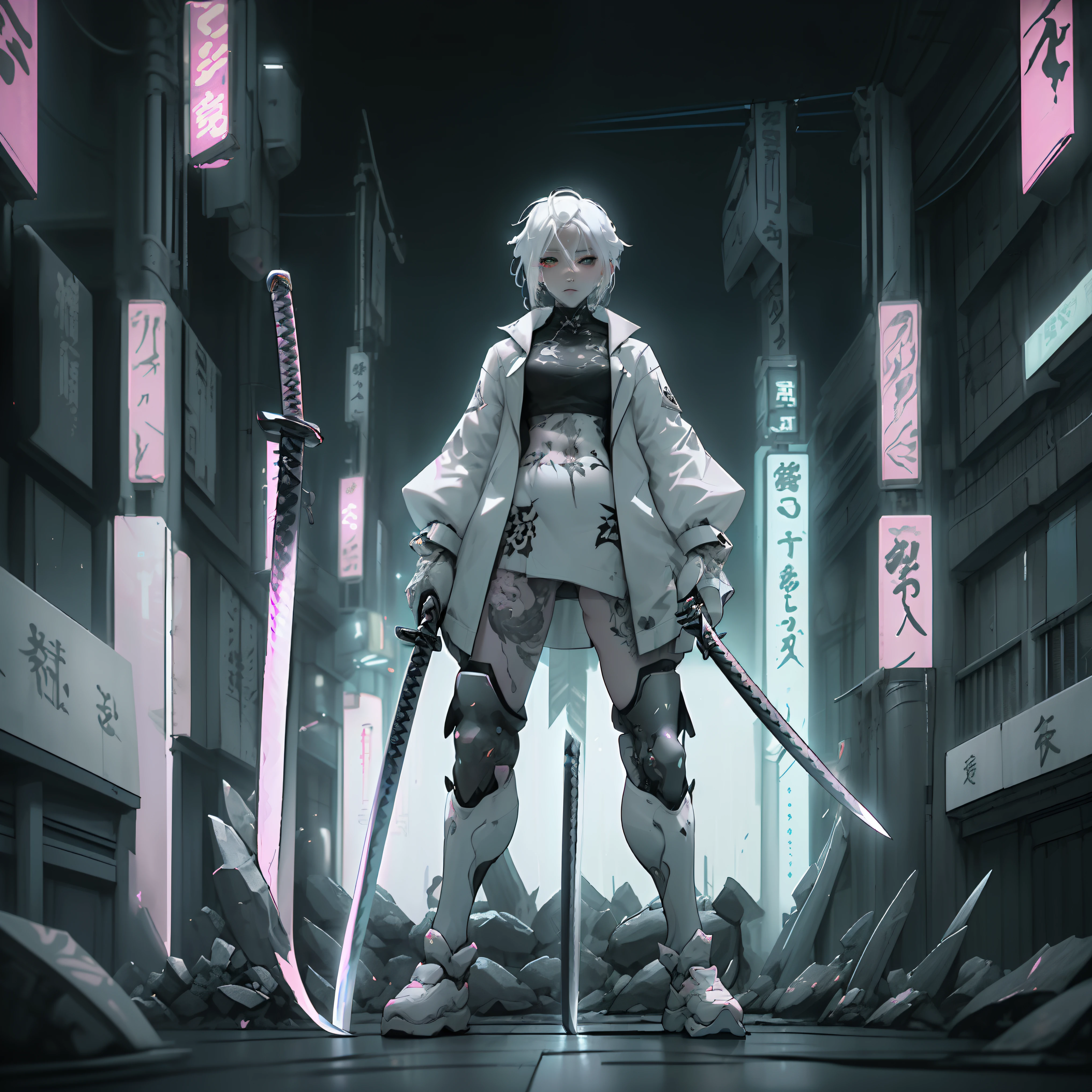 An anime style photo of white haired warrior in a jacket standing in the middle of a neon-lit road, holding a katana , her katana blade glowing in the darkness. Masterpiece, 8K, Hd, anime style , cyberpunk , tattoos all over her body, post apocalyptic, Hyper detailed, Intricate design, ultra high detailed, super resolution, Ariel view, battle stance, preparing for fight, serious expression, Hyper Detailed katana , Masterpiece , —chaos 45