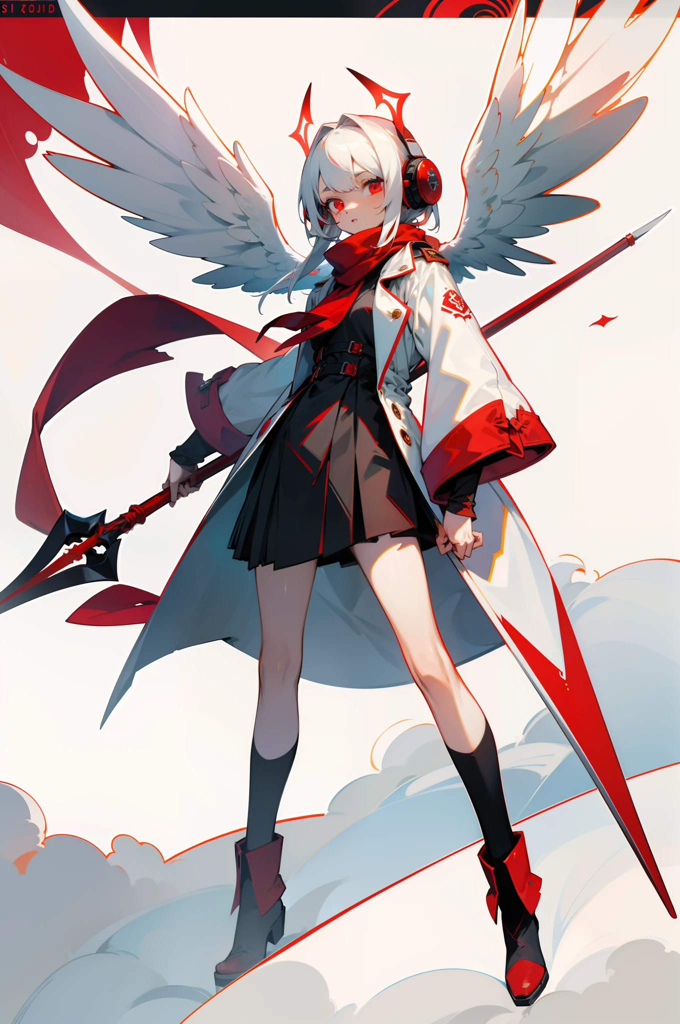 s girl,White hair,Red glowing eyes, sportrait, photorealestic,Red and white trench coat,Red scarf,black reotard,There are green numbers on it,(cropped shoulders),longer sleeves,Red and white headphones,Multiple pairs of angel wings,Light wings hang around,side-lighting, the wallpaper, NSFW, Depicting female characters from ethereal anime in a high-quality anime art style。vibrant with colors,Colorful background,(((Hold spears in both hands)))