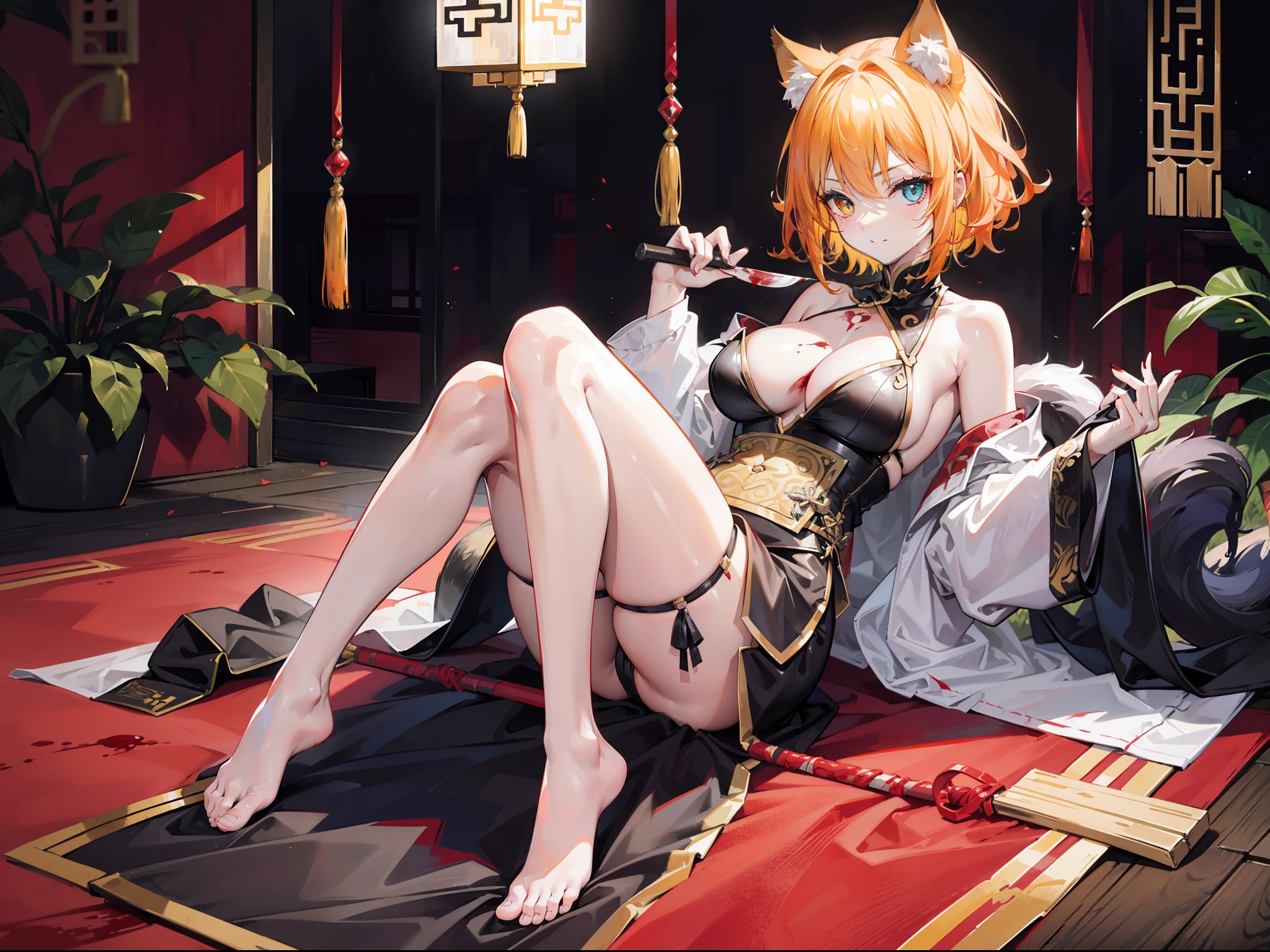 Beautiful girl with orange-yellow hair color,curlies,short detailed hair,High ponytail,cat ear,Beast Girl,He was dressed in bloodstained clothes, Ancient yellow and black long-sleeved training clothes,A knife hidden in clothes,open waist,Wear yellow and black shorts,White stockings stained with blood,without wearing shoes,assassins,Sunny smile,Tall and tall,at dusk at golden hour,Lying on its side in an ancient Chinese courtyard covered in blood,Wine on the side,Bodies are everywhere,dark stormy clouds,China-style,huge tit,抖S,Full body photo,Extremely thin,extremely hyper,assassins,The legs are very thin,Best quality at best,High- sharpness,tmasterpiece,Holding a blood-stained short knife,His body was covered in blood,Sick,Heterochromic pupils,morbid,murderer,extremely hyper,Heterochromic pupils,being thin,Be covered in blood,Bodies are strewn across the field,blood vess,Cat demon,Extremely long and very large cat tail,Leprechaun,Cat woman,seductiv,Raised sexy,The complexion is flushed,Tilting head movements