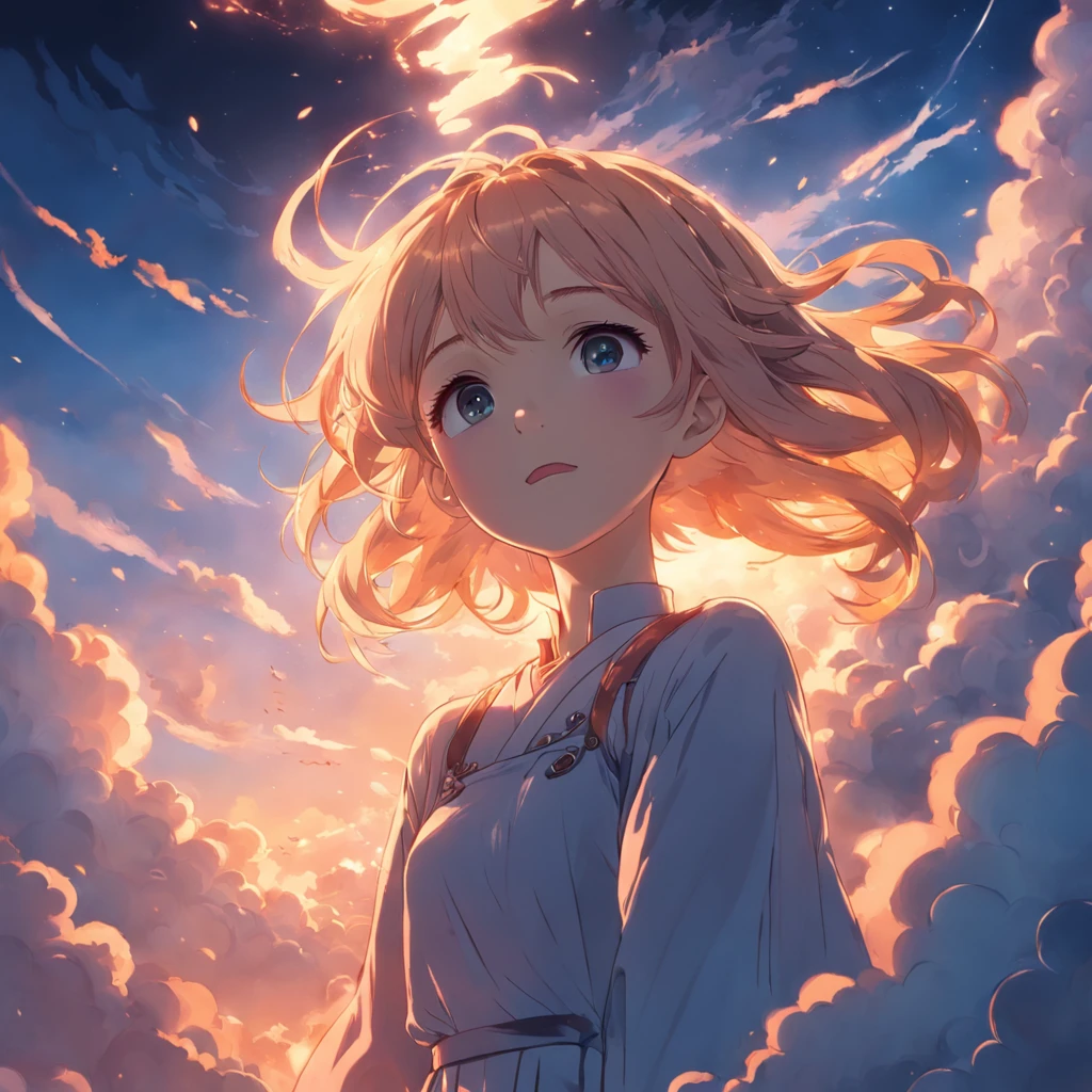 masterpiece, best quality, movie still, 1girl, cloud girl, floating in the sky, close-up, bright, happy, warm soft lighting, sunset, (sparks:0.7)