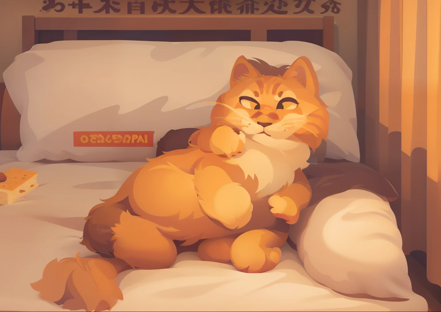 Lots and lots of snacks on the bed，The cartoon Garfield cat with a kajiro leg has a very disdainful expression and sleeps on the bed