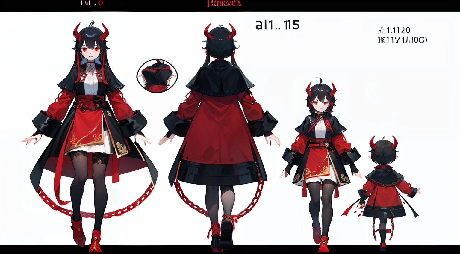 tmasterpiece，Need，1 Female demon，A high resolution，bleeding from the corners of her mouth，hoang lap，Fang，tiny horns，Collar，large chain，Black all over，Oversized coat，（ultradetailed：1.1025），（illustratio：1.1025），（infography：1.1025），Patent drawings，Physical measurement，（All clothing requirements：1.1025），papelaria， （独奏：1.1025），standing on your feet，Have a cohesive background，5 fingers in the hand，fittings：Red rope chain，character sheets，black in color, blanche, Red tones