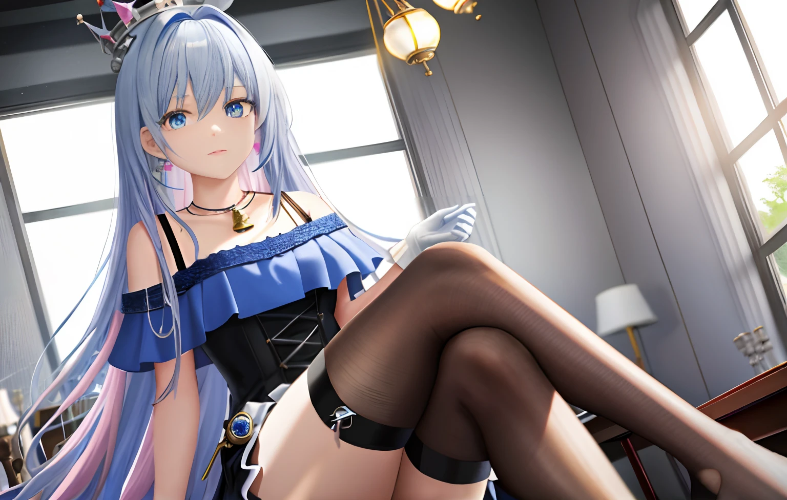 A high resolution,ultra - detailed ,High quality masterpiece two-dimensional anime 2D White hair Hair falling down Cyan-pink hair ornaments on the head Different pupils Yellow left eye Blue right eye Deep eyes Thoughtful Crown on head Necklace and bell around neck Wearing white, black, blue and blue low-cut dress Pink miniskirt Wearing black silk and leg loops on the legs Sitting on a tall seat Legs dangling Erlang legs One foot slightly cocked There is a chess board on the table next to it, and there is an endgame on the chessboard, of which there are seven white flags left, eight black flags left, and the queens on both sides are there The girl holds a horse in a black chess piece The girl's hand wears white gloves